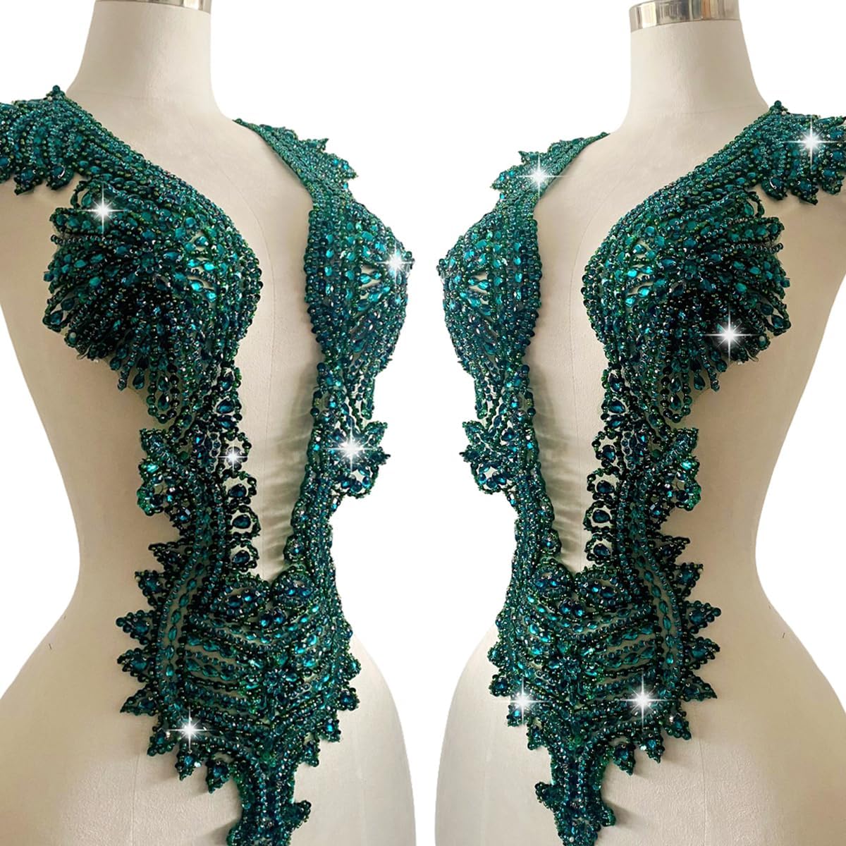 Handmade Crystal on lace Applique Sewing Rhinestones Beads Sequins Patches Trim Luxury Decoration Accessories for Wedding Dress (Deepgreen)