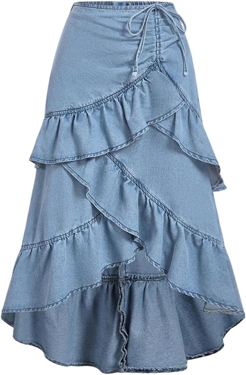 GORGLITTER Women's Asymmetrical Long Jean Skirt Ruched Tiered Ruffle High Waisted Boho Western Fall Denim Maxi Skirts
