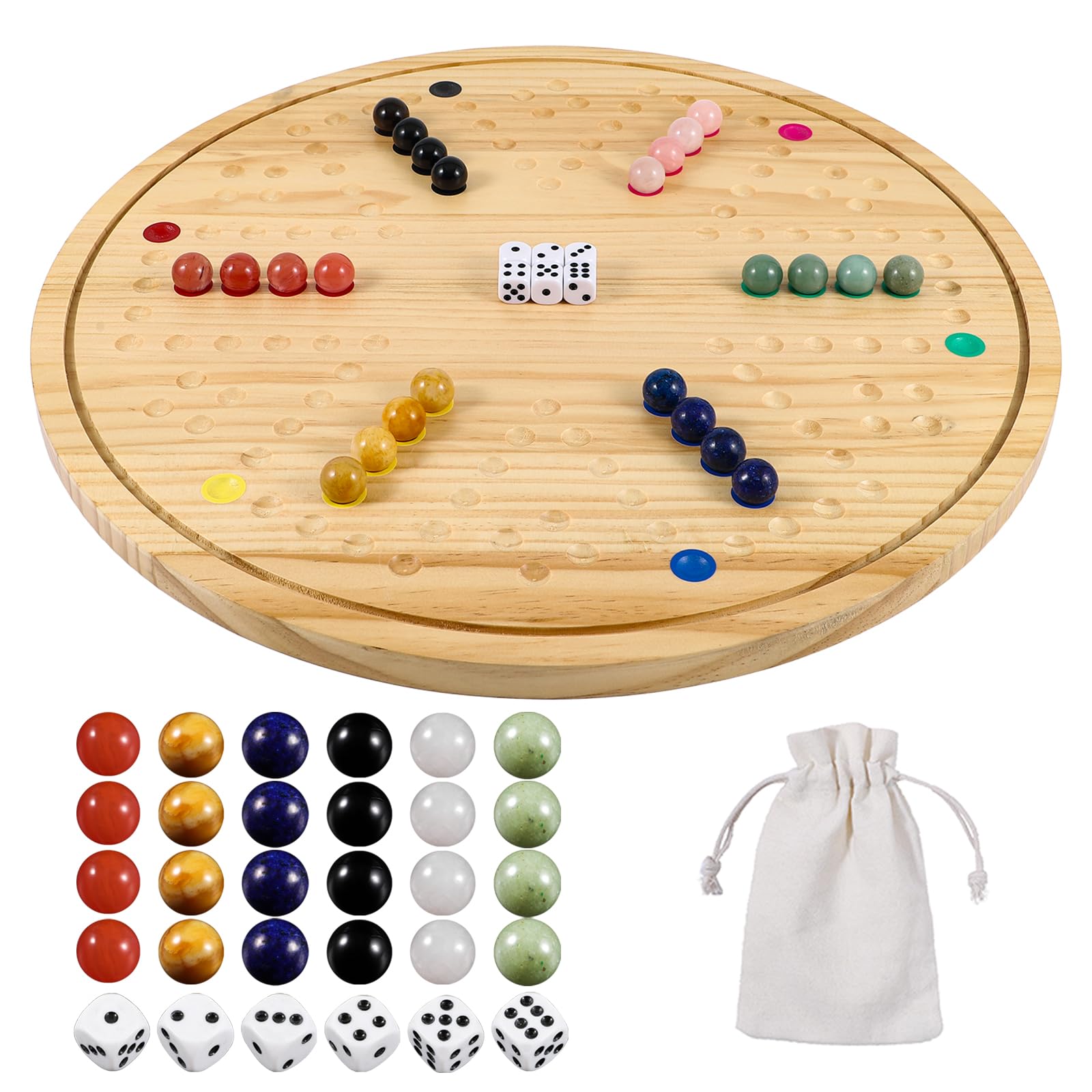 Juego de mesa de mármol Wahoo de doble cara, juego familiar de madera maciza para 4 a 6 jugadores con 24 piezas de mármol natural, 6 dados y revestimiento impermeable, juego de estrategia de madera de