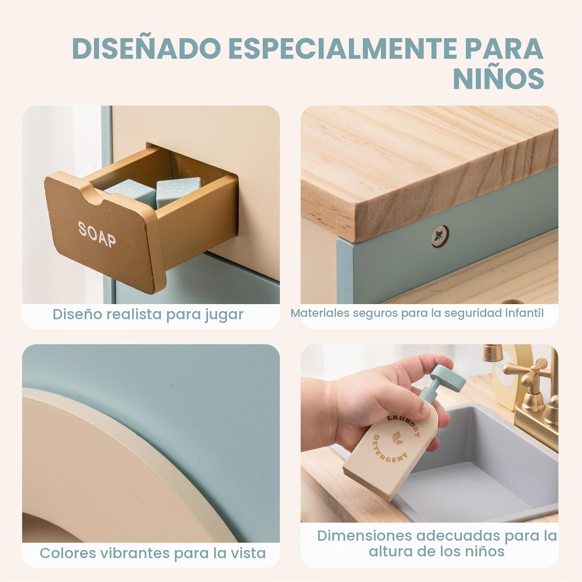 ROBUD Lavadora Infantil de Madera con Cesta de lavandería, Tabla de Planchar, detergente y más, Apta para niños a Partir de 3 años.