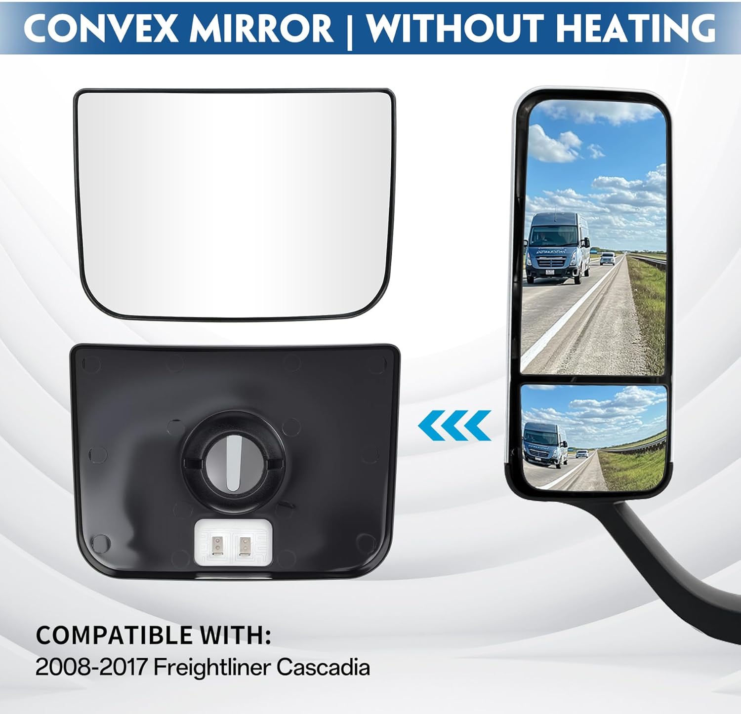 Lower Convex Mirror Glass with Back Plate, Rapid Defrost Heated Small Glass, Wide Angle, High Reflective, for 2008-2017 Freightliner Cascadia, Replaces TL-28717A (Driver/Passenger Side)