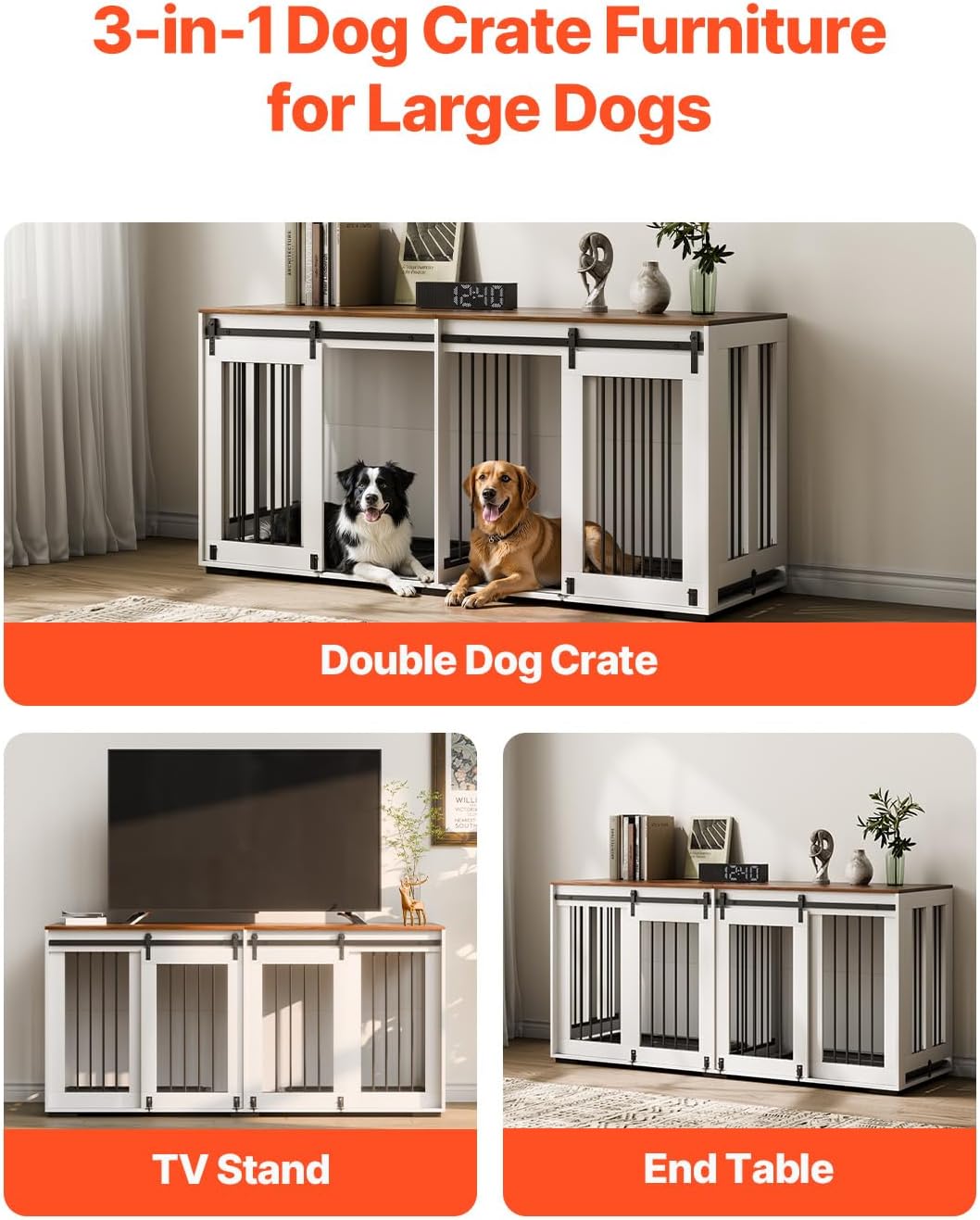 VEVOR 72"Dog Crate Furniture for 2 Dogs,Double Dog Crate Furniture with Double Sliding Doors,Large Dog Crate TV Stand with Removable Tray,Steel Frame Double Dog Crate for Small,Medium,Large Dogs White
