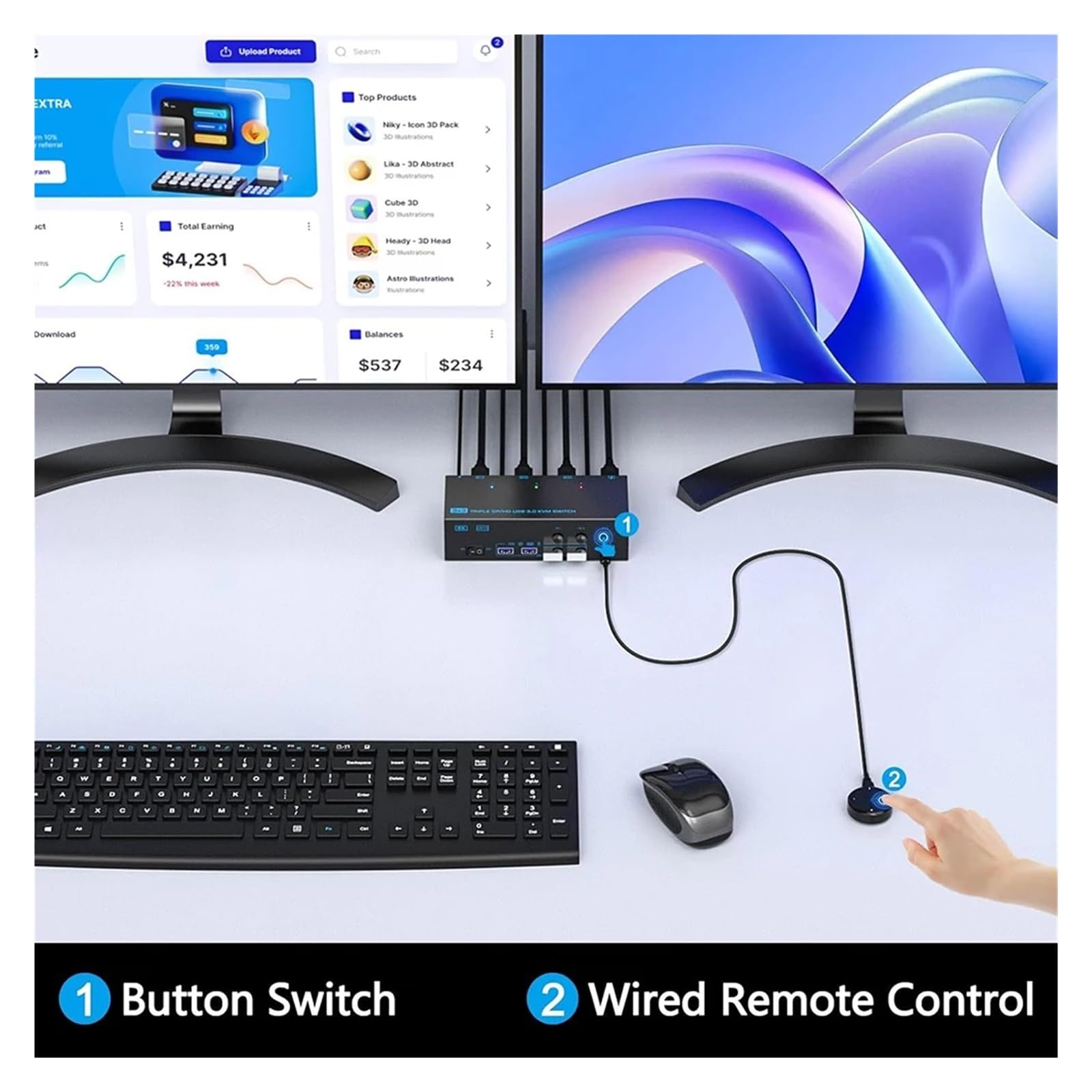 Przełącznik KVM USB 3.0 zgodny z, 3 monitory, 3 komputery, 8K60Hz, 4K144Hz, potrójny monitor KVM z 4 portami USB 3.0, potrójny KVM