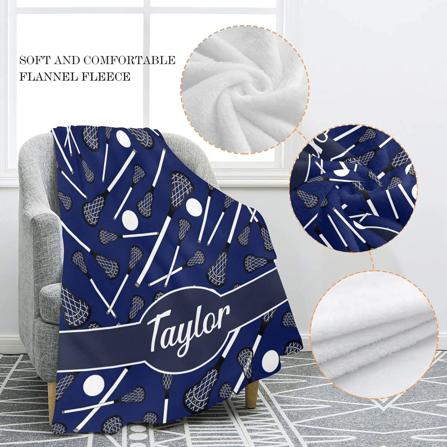 Dark Blue Lacrosse Sticks Personalized Blanket with Name Soft Fleece Throw Blankets for Men Women Birthday Wedding Gift 50X60 inch