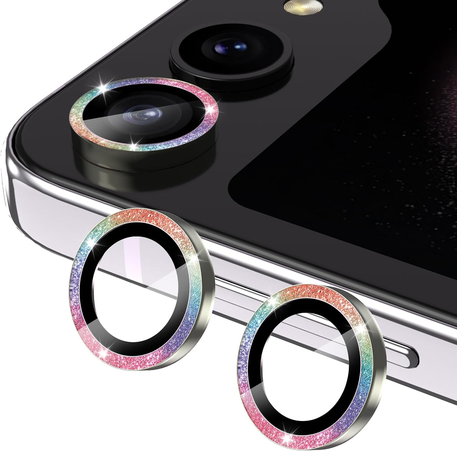 YWXTW for Samsung Galaxy Z Flip 7 Camera Lens Protector, Bling Glitter Individual Anti Scratch Metal Ring Tempered Glass Camera Screen Protector for Z Flip 7 Accessories 2025 Glitter-Silver