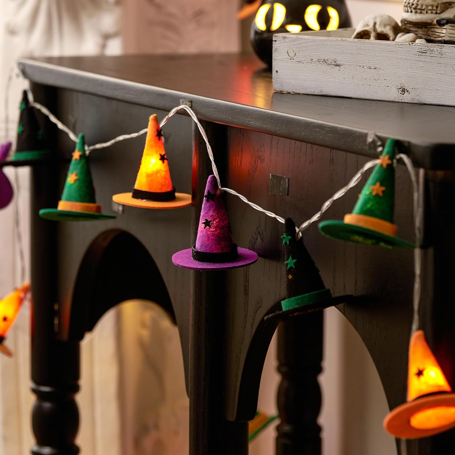 Halloween Witch Hat Lights, Halloween String Lights, 9.8 ft 20 LED | Halloween Battery Operated Witch Hat String Lights, Halloween Indoor Decorations for Home, Orange, Purple, Black and Green
