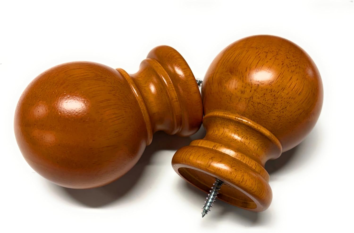 Decorative Screw in Wooden Drapery Rod Finials, Ball Style. Set of 2.