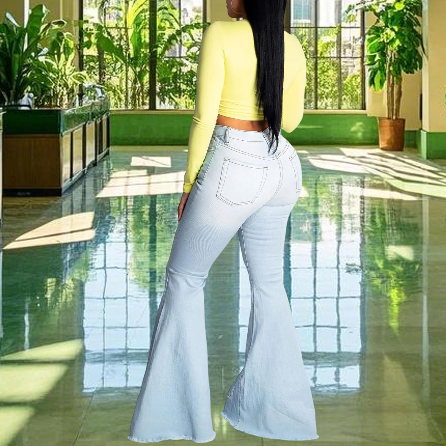 70s Bell Bottom Jeans for Women Elastic High Waisted Raw Hem Denim Pants Classic Vintage Flared Jeans - Image 5