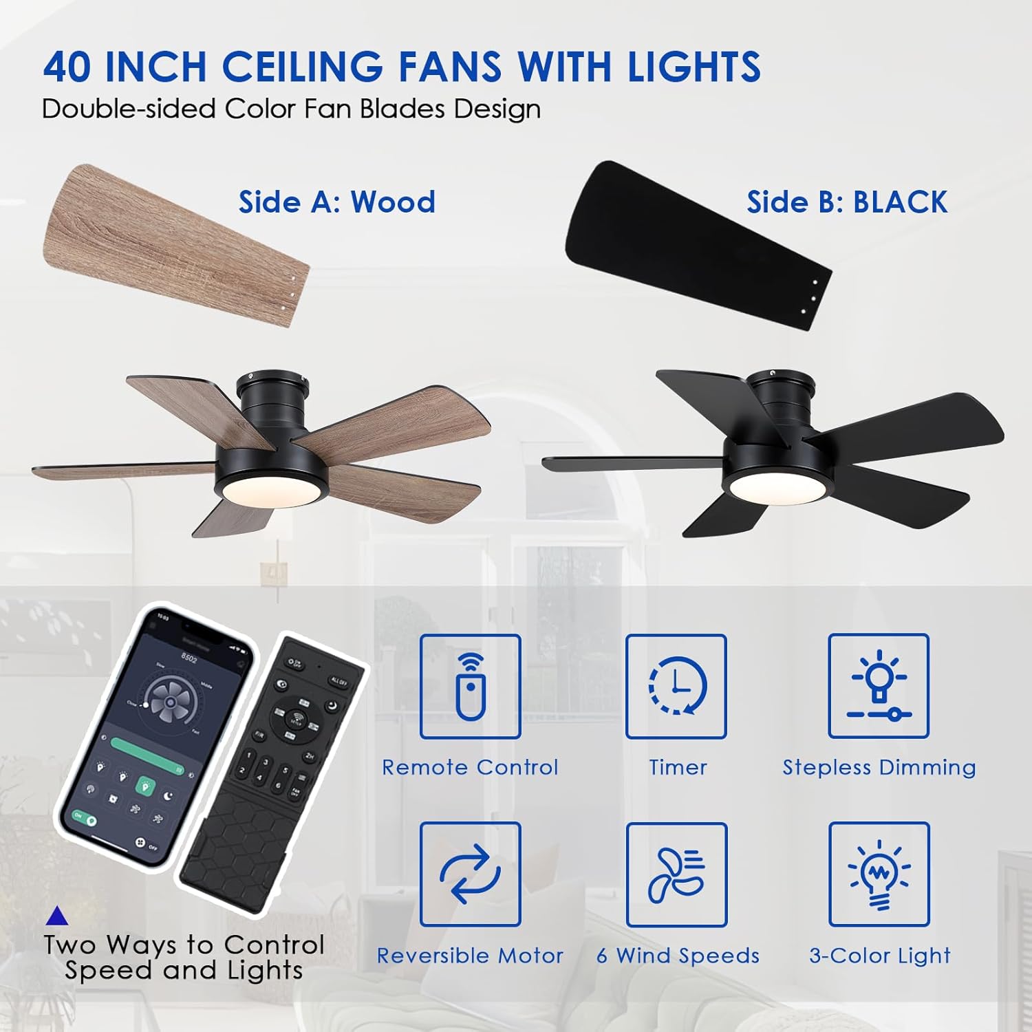 Surtime ceiling fan showing double-sided blades (wood and black) and control options including remote and app.