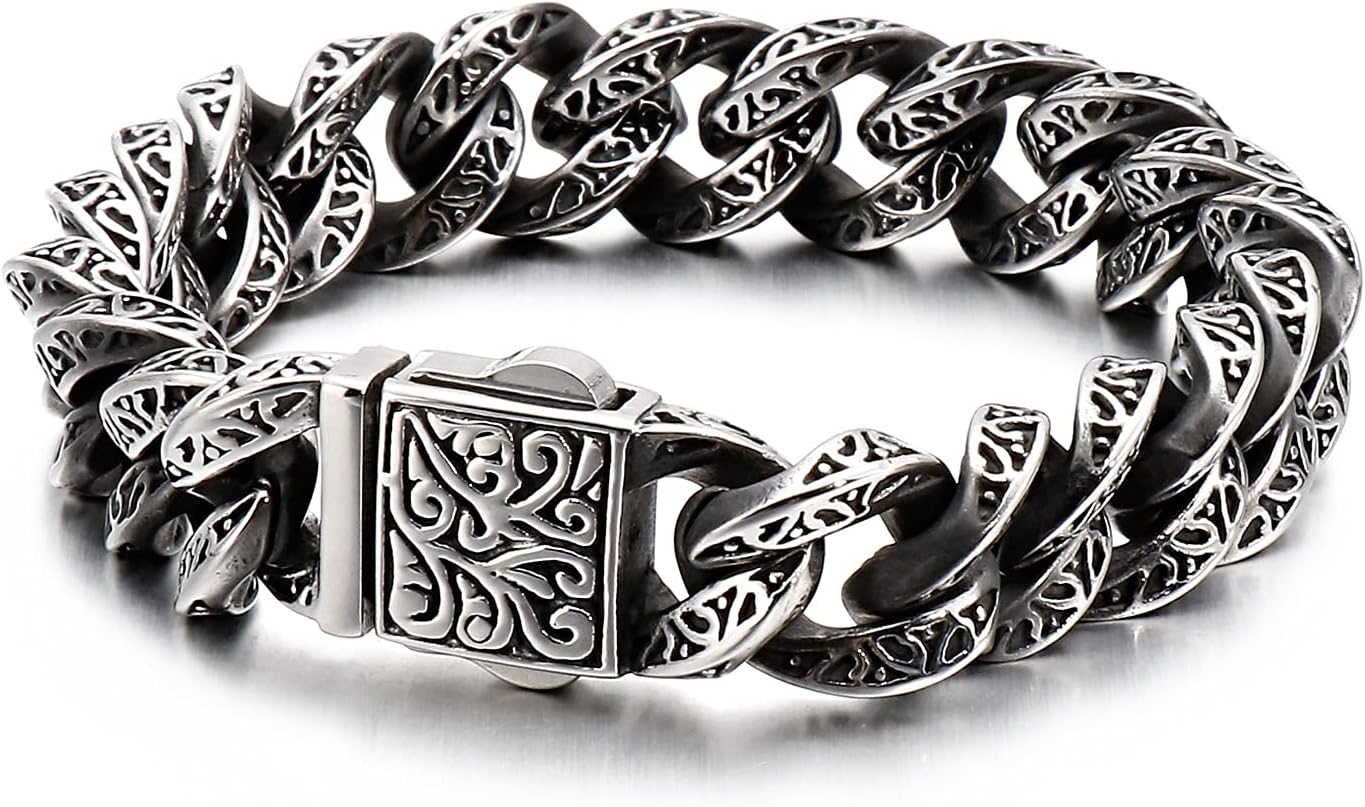 316 Stainless Steel Engraved Cuban Link Bracelet for Men, Retro Pattern Chain Punk Hip Hop Style Jewelry for Him