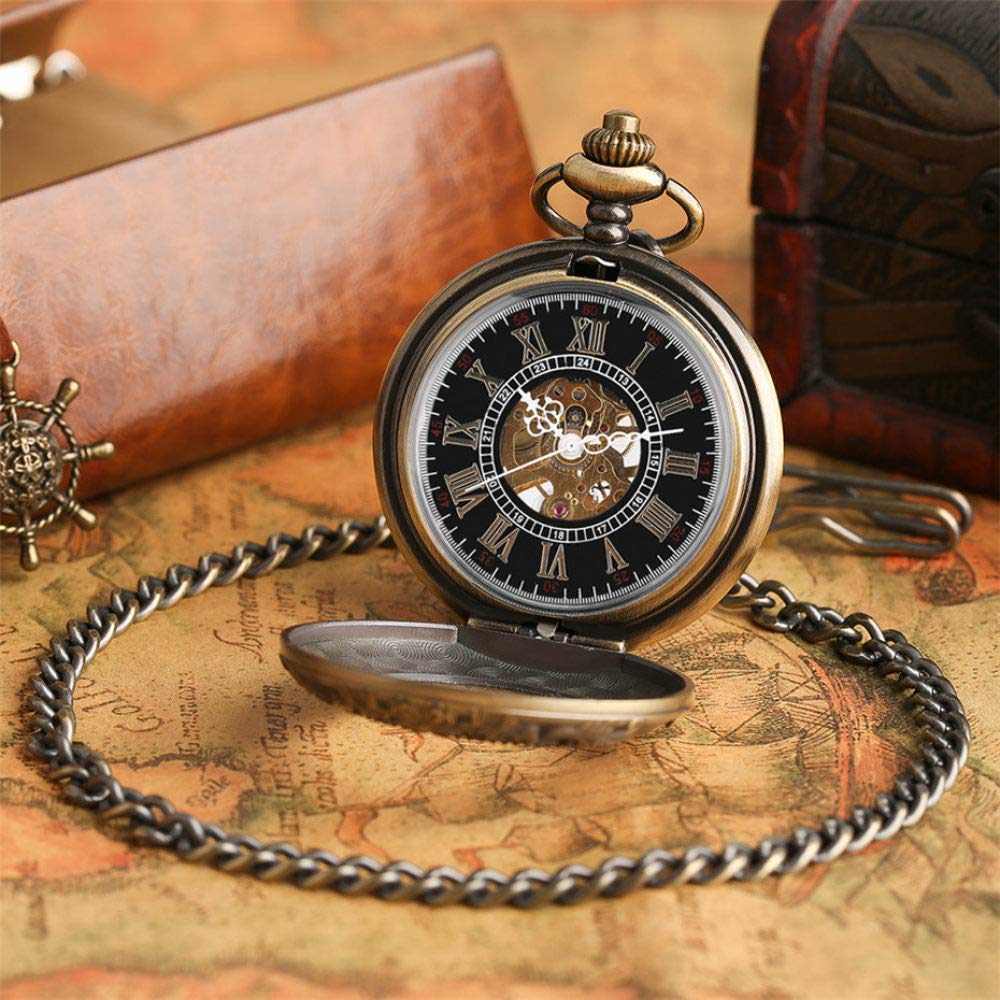 Zegarek kieszonkowy Vintage brązowy przezroczysty wyświetlacz z cyframi rzymskimi mechaniczny zegarek kieszonkowy ręcznie nakręcany zegar retro