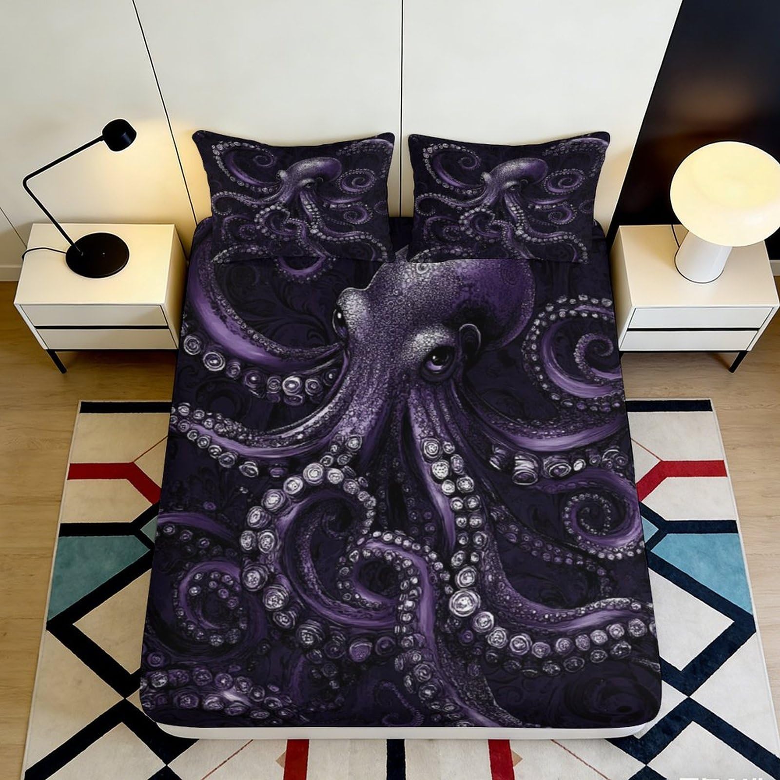 3D Printed Purple Octopus Fitted Sheet Microfiber Soft Breathable Deep Sea Mattress Cover for Bedroom Dorm Décor 90x200x25cm