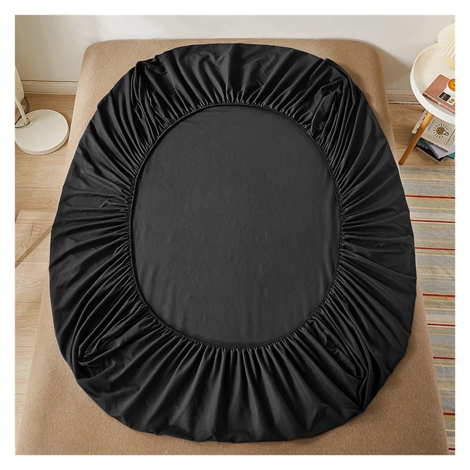 LHSJYG Silk Bed Sheets Cotton Fitted Bed Sheet With Elastic Band Solid Color Anti-slip Adjustable Mattress Cover(Black,180x200cm)