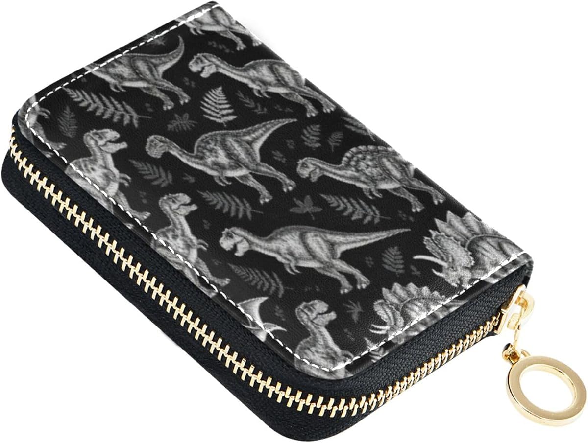 GuoChe Womens Credit Card Holder Wallet RFID Dinosaur Fossils Vintage | Cash Purse, Travel Zipper Coin Pocket, Compact Clutch, PU Leather, ID Window, 9 Card Slots, Ladies Gift Woman