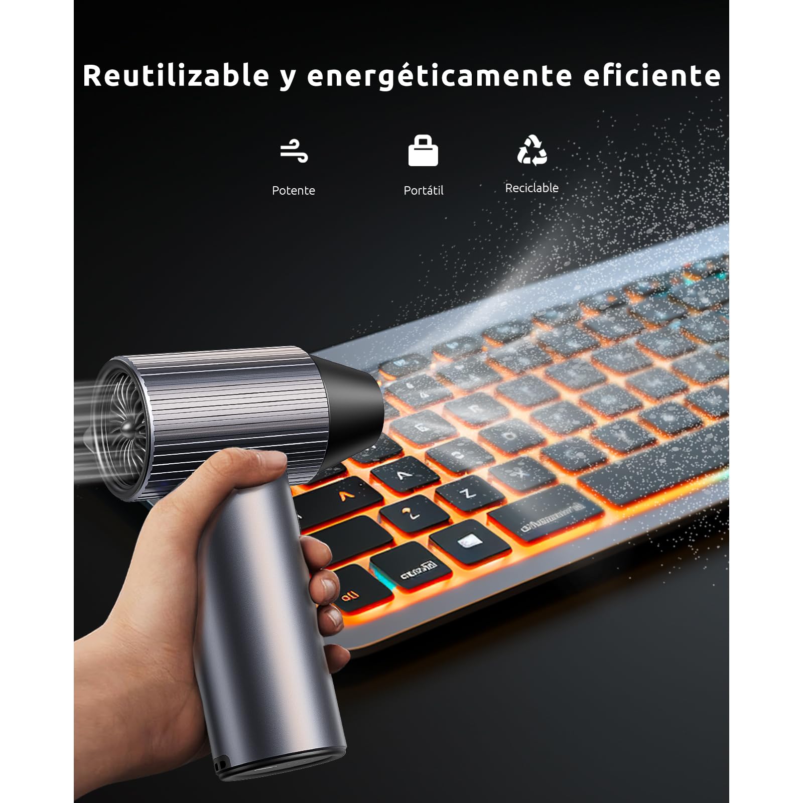 300.000 RPM Soplador de Aire de Metal - Soplador Aire Comprimido para PC con 3 Velocidades Ajustables - Soplador de Aire Inalámbrico Recargable para Teclados, Automóviles, Hogar y Exteriores