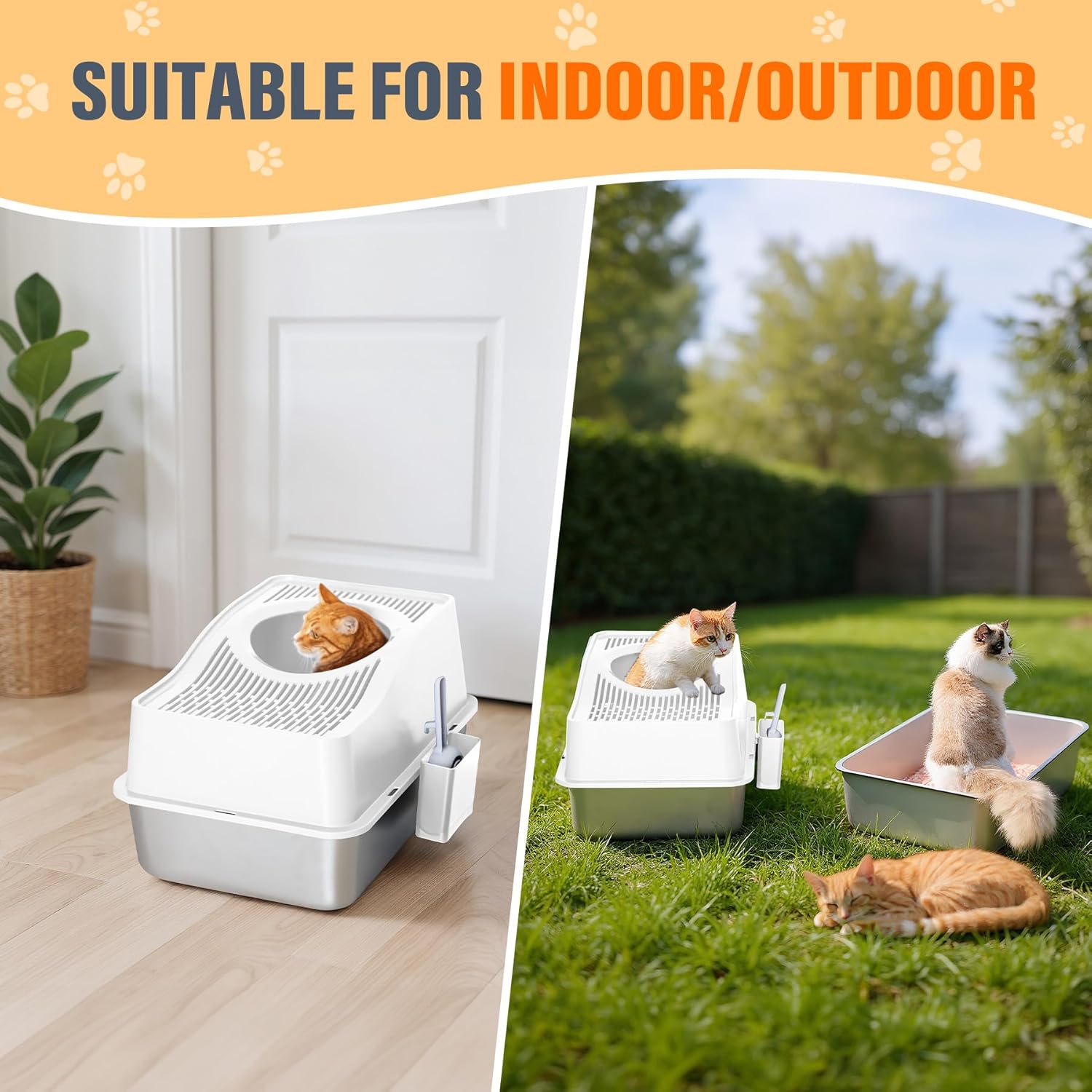 Top Entry Cat Litter Box with Lid, Stainless Steel Enclosed Cat Kitty Litterbox, Top Opening Large Enclosure Metal High Side Litter Pan Tray Box Dog Proof, Easy Cleaning, White