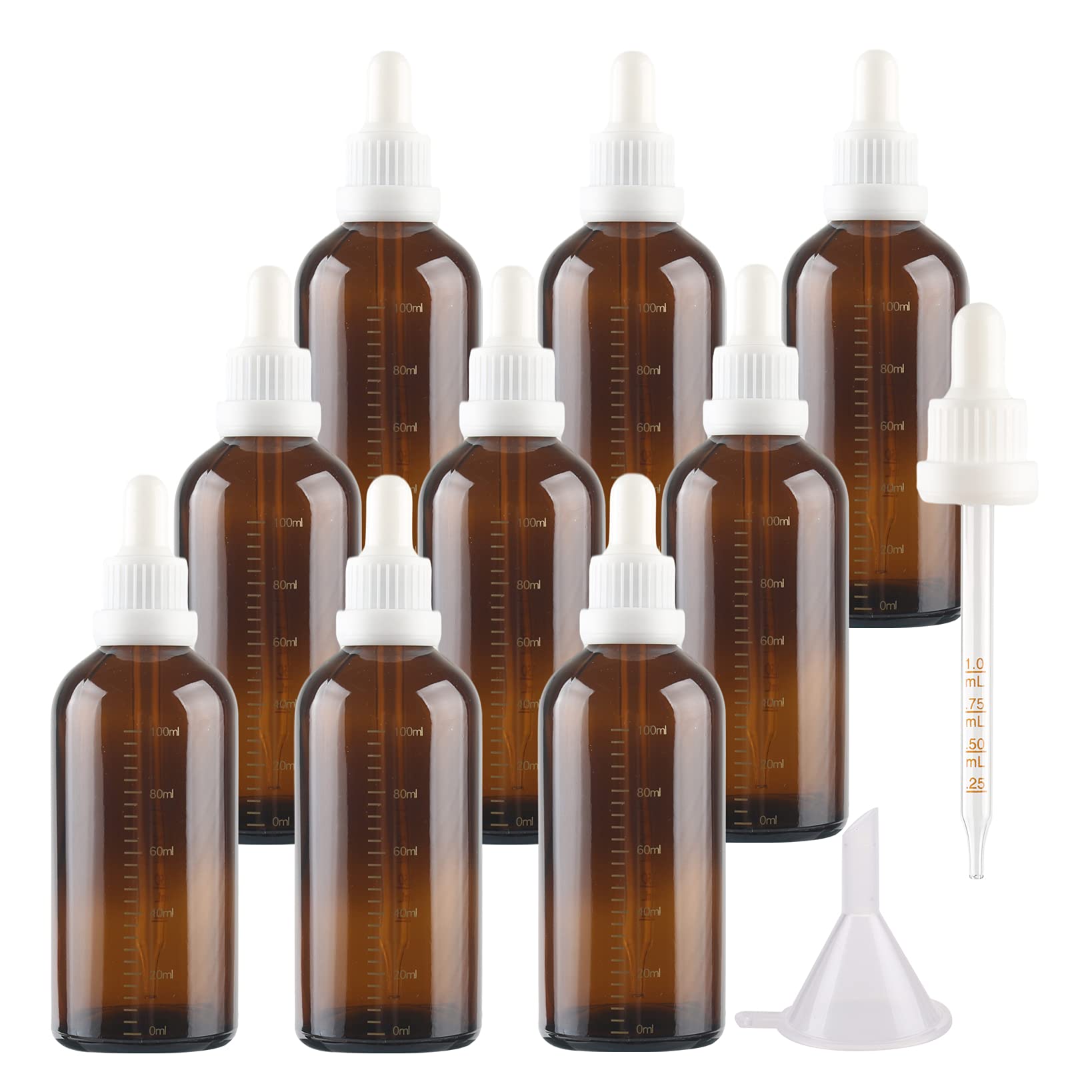 12 Pezzi Vuoto 100 ml Ambra Bottiglie Contagocce Graduato in Vetro, Marrone Flaconi con Pipetta Contagocce e Chiusura a Prova di Manomissione Bianco, per Aromaterapia, Olio Essenziale