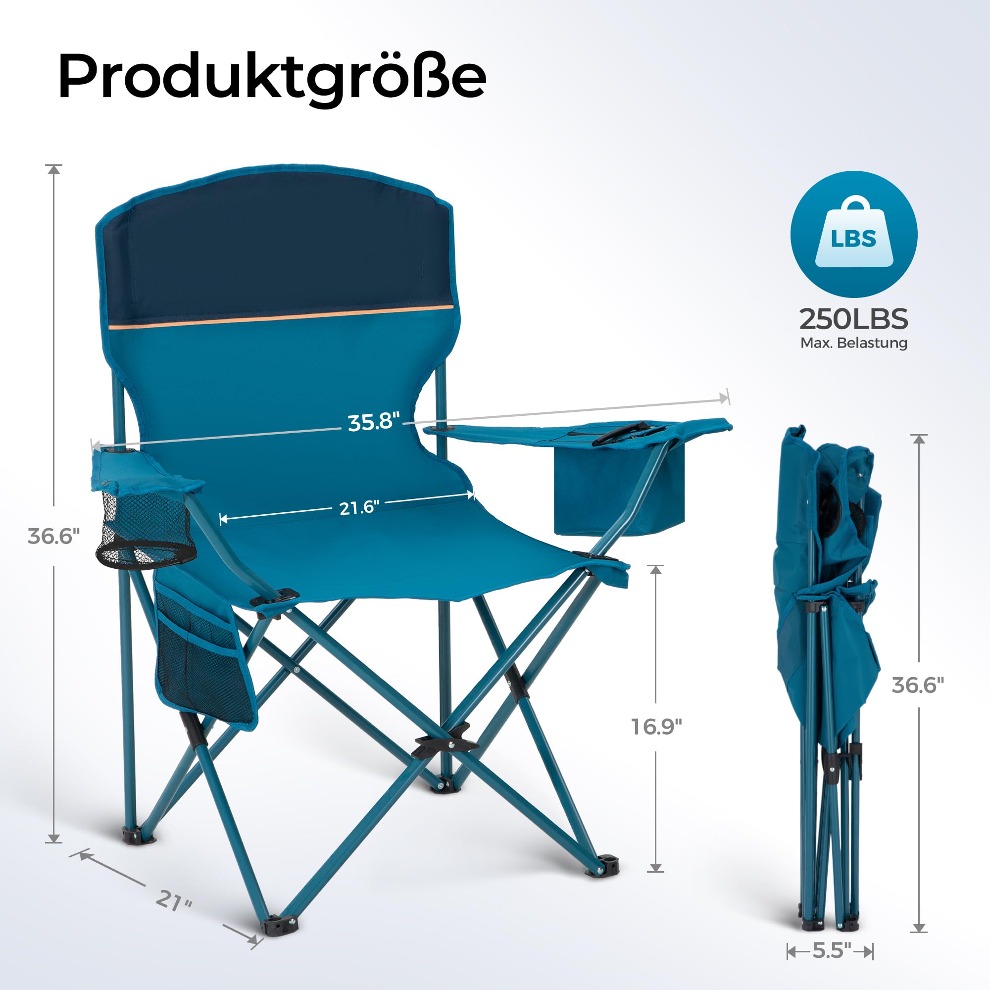 HIGH Point SPORTS – Juego de 2 sillas de camping plegables con bolsa isotérmica, bolsa de almacenamiento, silla de pesca plegable hasta 120 kg, silla de camping al aire libre con portavasos, azul