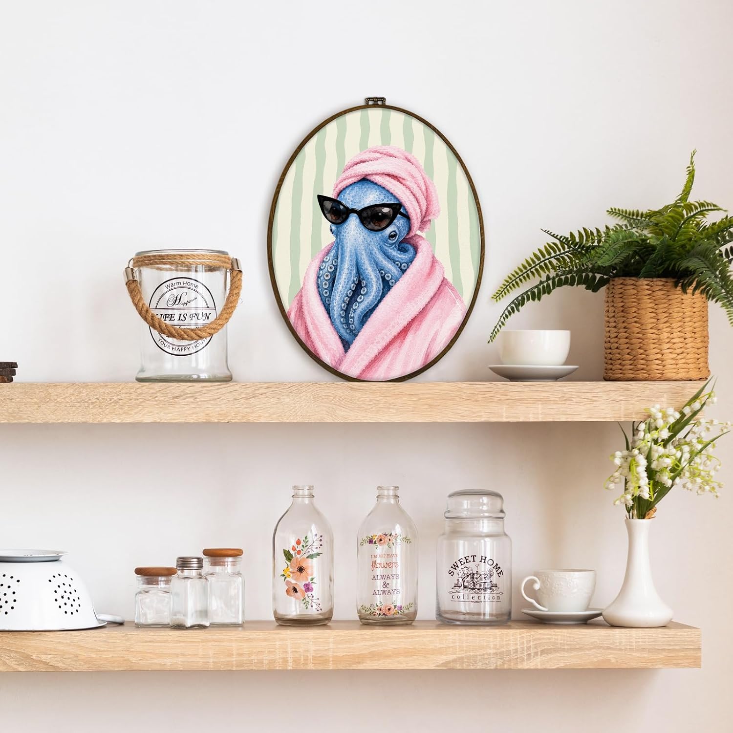 GWFSJYU Funny Nautical Octopus Bathroom Framed Oval Wall Art Decor, Coastal Octopus Canvas Prints Wall Art, Trendy Beach Pink Green Striped Hanging Decor for Bathroom Washroom Restroom, 8.7x11.3 Inch image 5