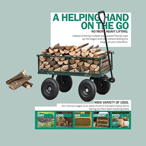 Miniatura 5 de MISRFEYU Carro de jardín utilitario resistente con bomba de neumáticos carrito de malla de acero con lados extraíbles adecuado para patios granjas