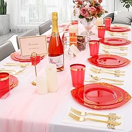 Morejoy 175PCS Red Plastic Plates,Red Disposable Plates With Gold Rim,Red and Gold Plastic Dinnerware Set Includes: 50 Plates,25 Silverware Sets,25 Cups,25 Napkins,Perfect for Party,Wedding,Christmas
