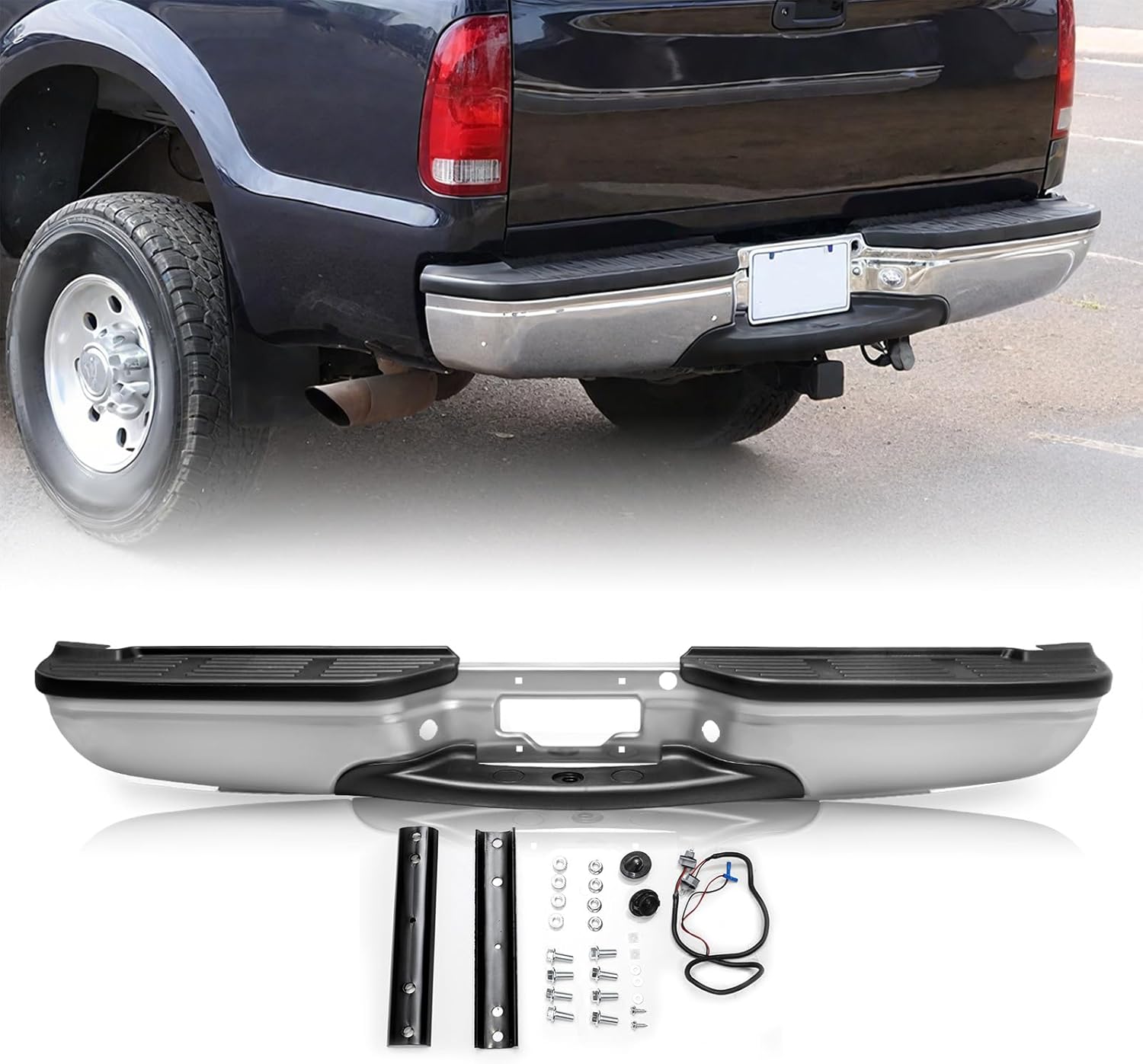 SOCKIR Rear Step Bumper Assembly Fit for 1999-2007 Ford F250 F350 Super Duty w/o Sensor Hole One-piece Molding Anti-Rust Coating Black