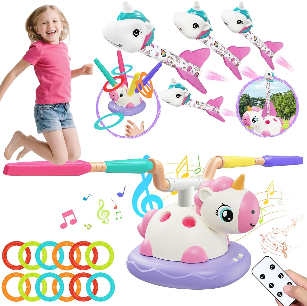 Foot-Powered Rocket Launcher for Kids Ages 3-8, Unicorn Set | 3-in-1 unicorn outdoor toy with foot-powered rockets, musical jumping, ring toss and remote-controlled active play