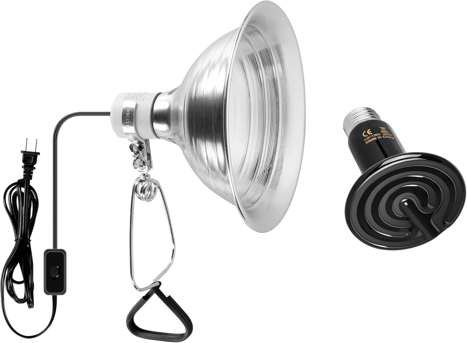 Simple Deluxe 150W Ceramic Reptile Heat Lamp Bulb & 150W Clamp Light with 8.5″ Aluminum Reflector Combo for Amphibian Pets, Silver 2024 Version