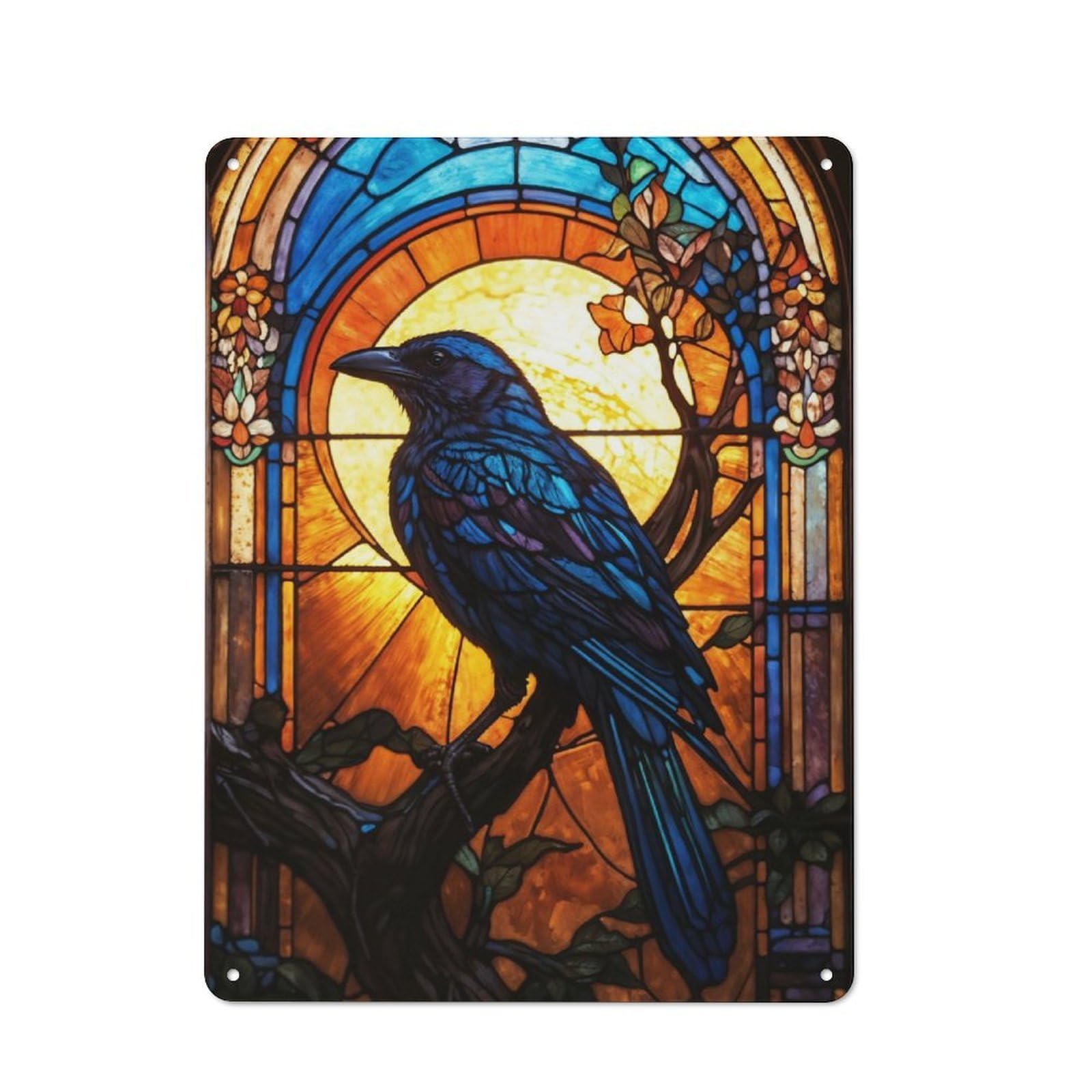 Junmoney Moonlit Crow Stained Glass Tin Wall Plaque 40X30cm With For Dining Room Or Kitchen, For Vintage Wall Decor Fans, For Themed Room Decoration