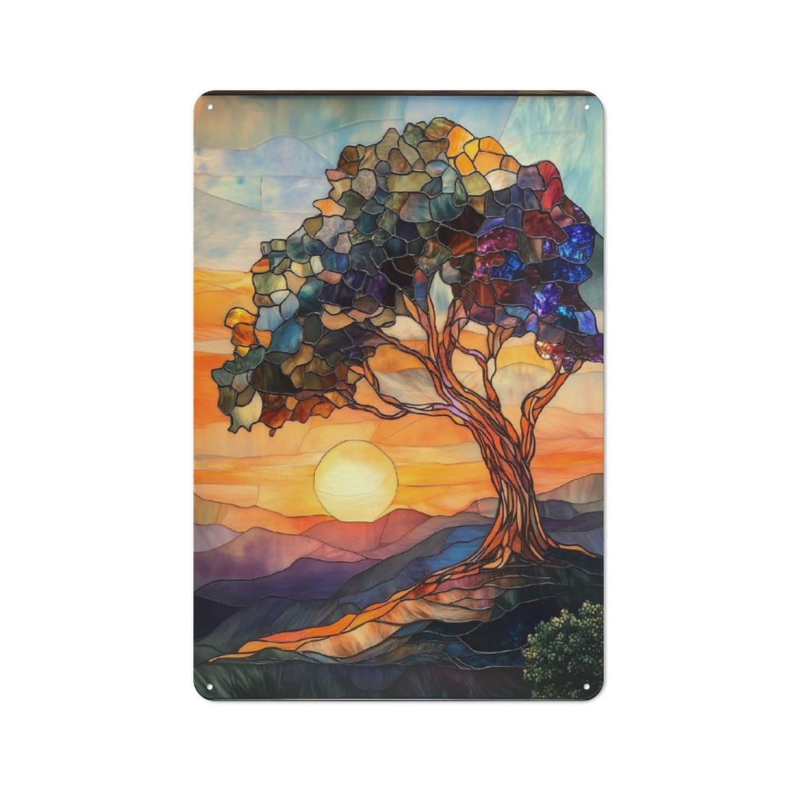 Stained Glass Sunset Tree Warehouse Style Metal Wall Decor 30x20cm, Metal Wall Sign for Workspace, Cafe, Hallway Or Garage