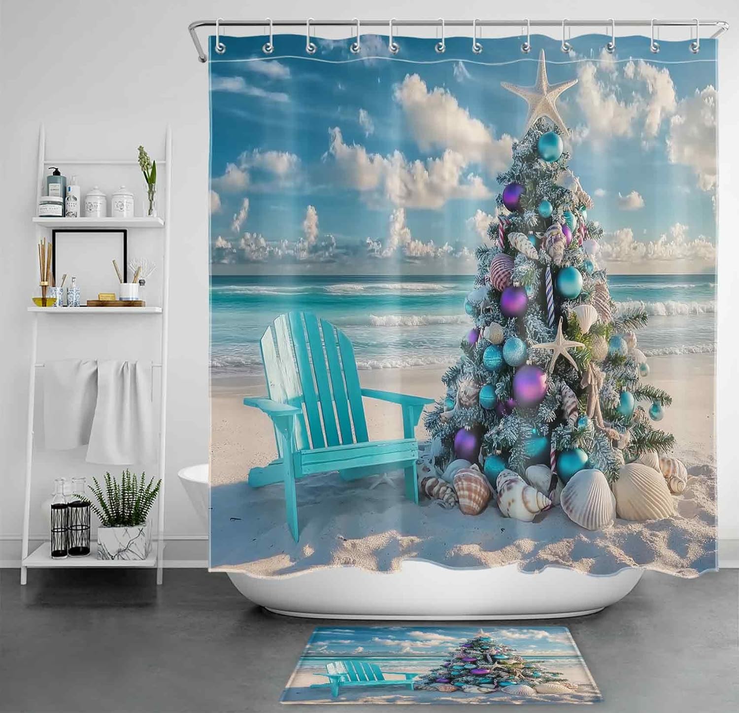 HVEST Blue Beach Christmas Bathroom Sets with Shower Curtain and Rugs, Xmas Tree with Seashell on Coastal Shower Curtain Nature Landscape Bathroom Decorations, 70x70 inches