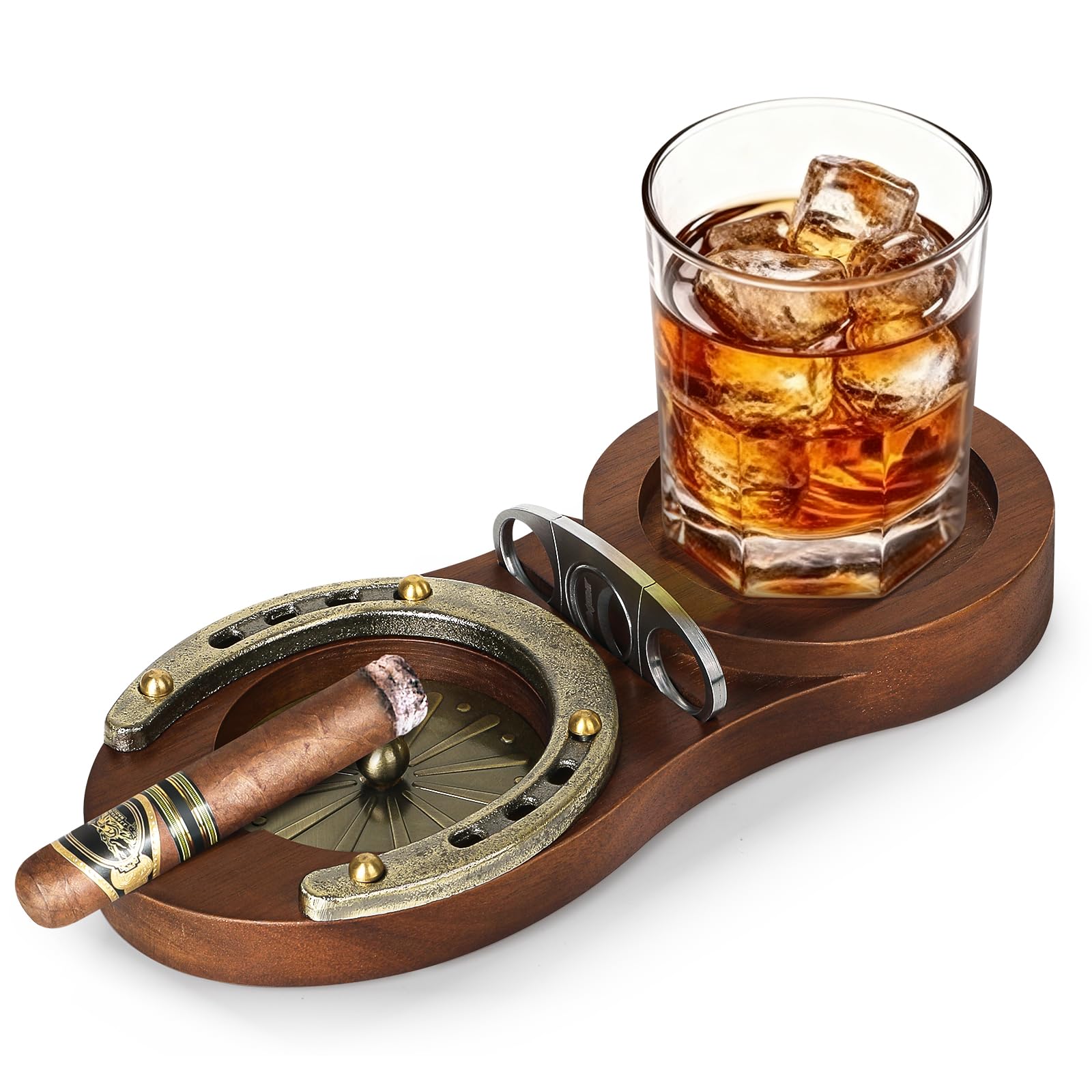  Horseshoe Wooden Whiskey Glass Tray with Zinc Alloy Anti-scald Gasket for Home Office Bar and Outdoor (Brown)
| Wood Ho