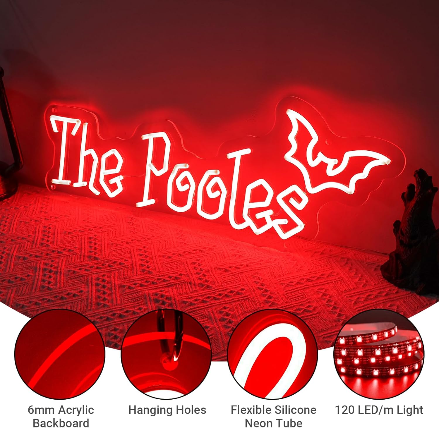 Custom Gothic Bat Last Name Neon Sign, Personalized Halloween LED Family Name Light for Goth Lover, Customized Bat Light Up Sign for Spooky Home Club Bar Party Wedding Event, Spooky Season Gifts