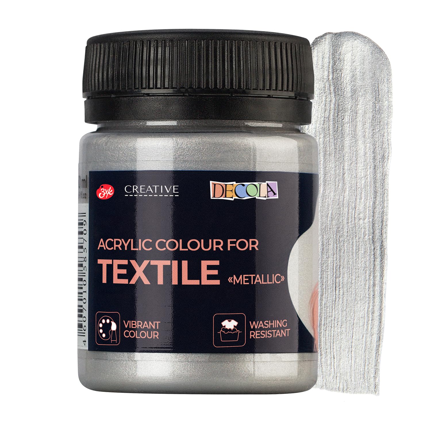 Decola - Silber Metallic Effekt Textilfarbe 50ml | Hochpigmentierte Textilfarben Waschmaschinenfest | Hergestellt von Neva Palette