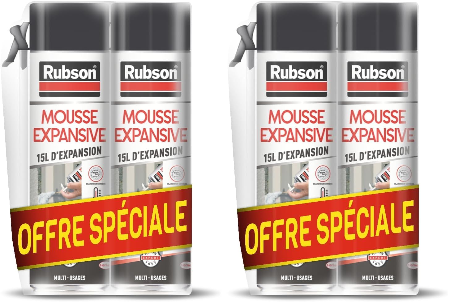 Rubson - Mousse Expansive Multi-Usages (Lot de 4x345 ml) Blanche – Mousse polyuréthane pour isolation, calage et rebouchage – 15 litres d'expansion