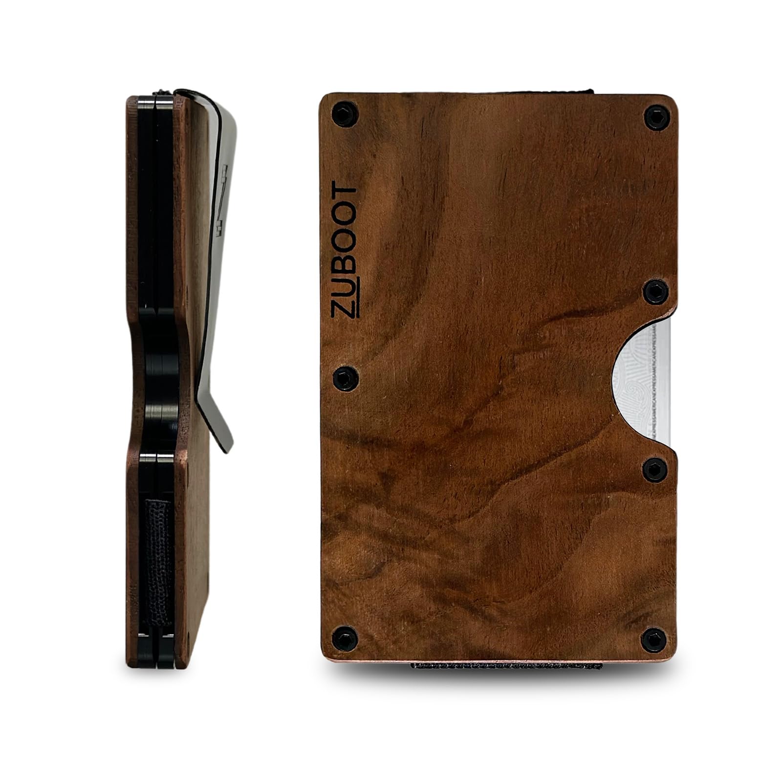 Wood RFID Wallet for Men – Slim Minimalist Front Pocket Card Holder with Cash Clip – Durable RFID-Blocking Wallet with Brown Walnut Grain Finish, Holds 16 Cards (Brown Wood, Cash Clip)