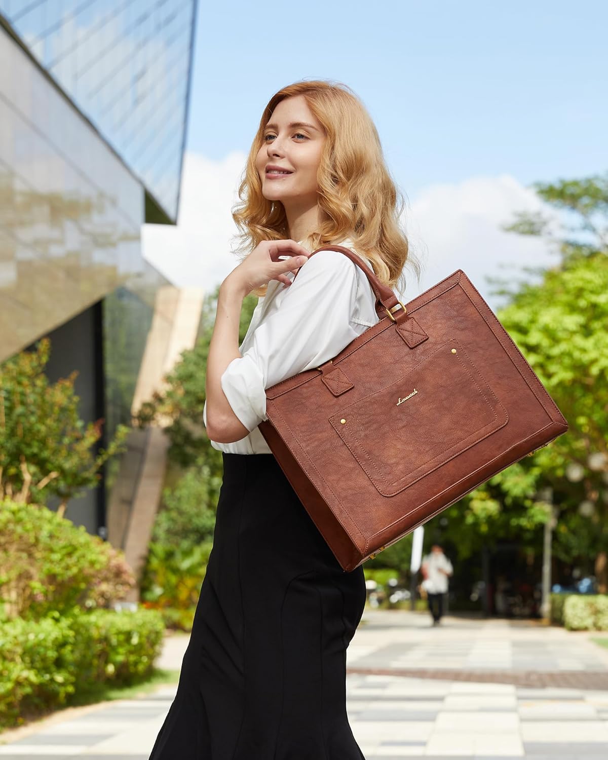 LOVEVOOK Laptop Tote Bag for Women, 15.6 Inch Work Bags, PU Vintage Leather Tote Bag, Waterproof Computer Bags with Clutch Purse, Large Capacity Messenger Bag for Teacher College Business Office - Image 2