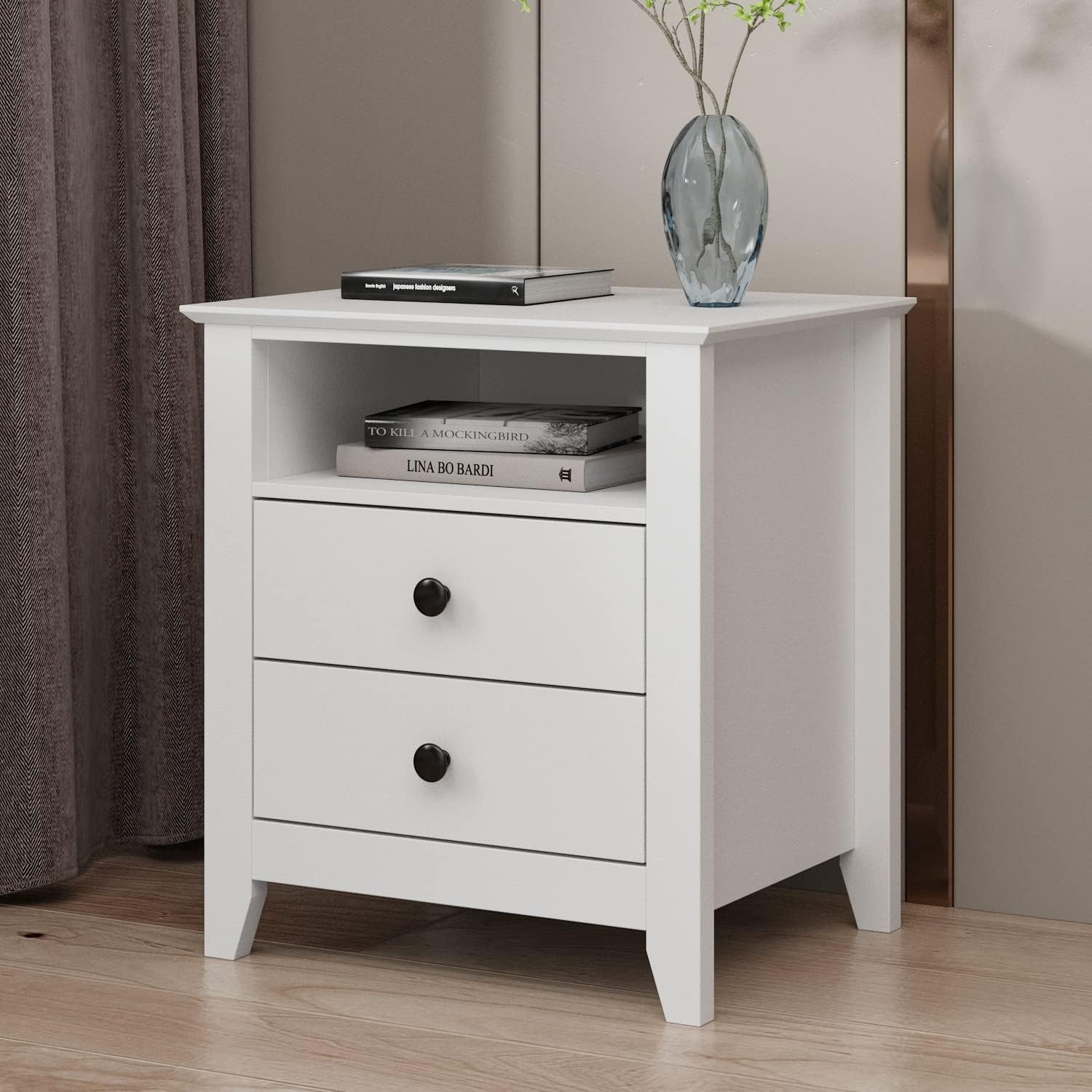 ECACAD Modern Nightstand with 2 Storage Drawers & 1 Open Shelf, Minimalist and Versatile Bedside Table Sofa End Side Table, White (19.7”W x 15.7”D x 21.7”H)