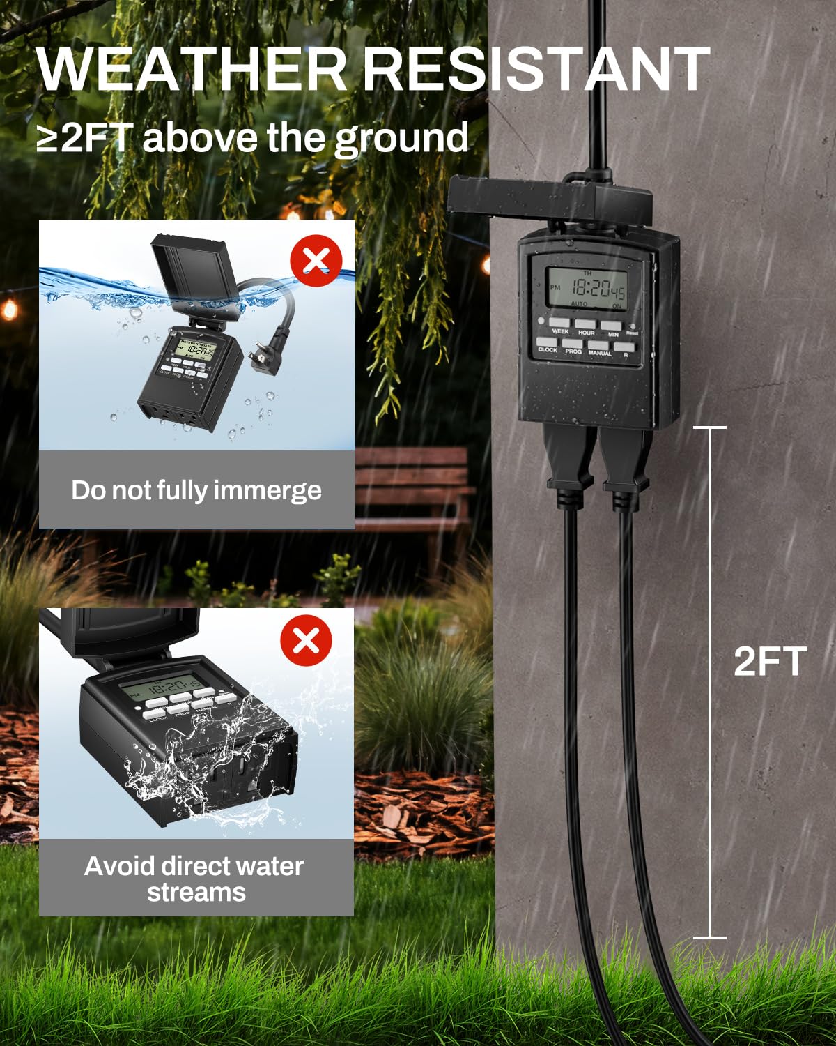 BN-LINK 7 Day Outdoor Heavy Duty Digital Programmable Timer, Outdoor Timer Outlet Waterproof, 2 Grounded Electrical Outlets for Christmas Lights, 15A 1/2HP,ETL Listed - Image 9