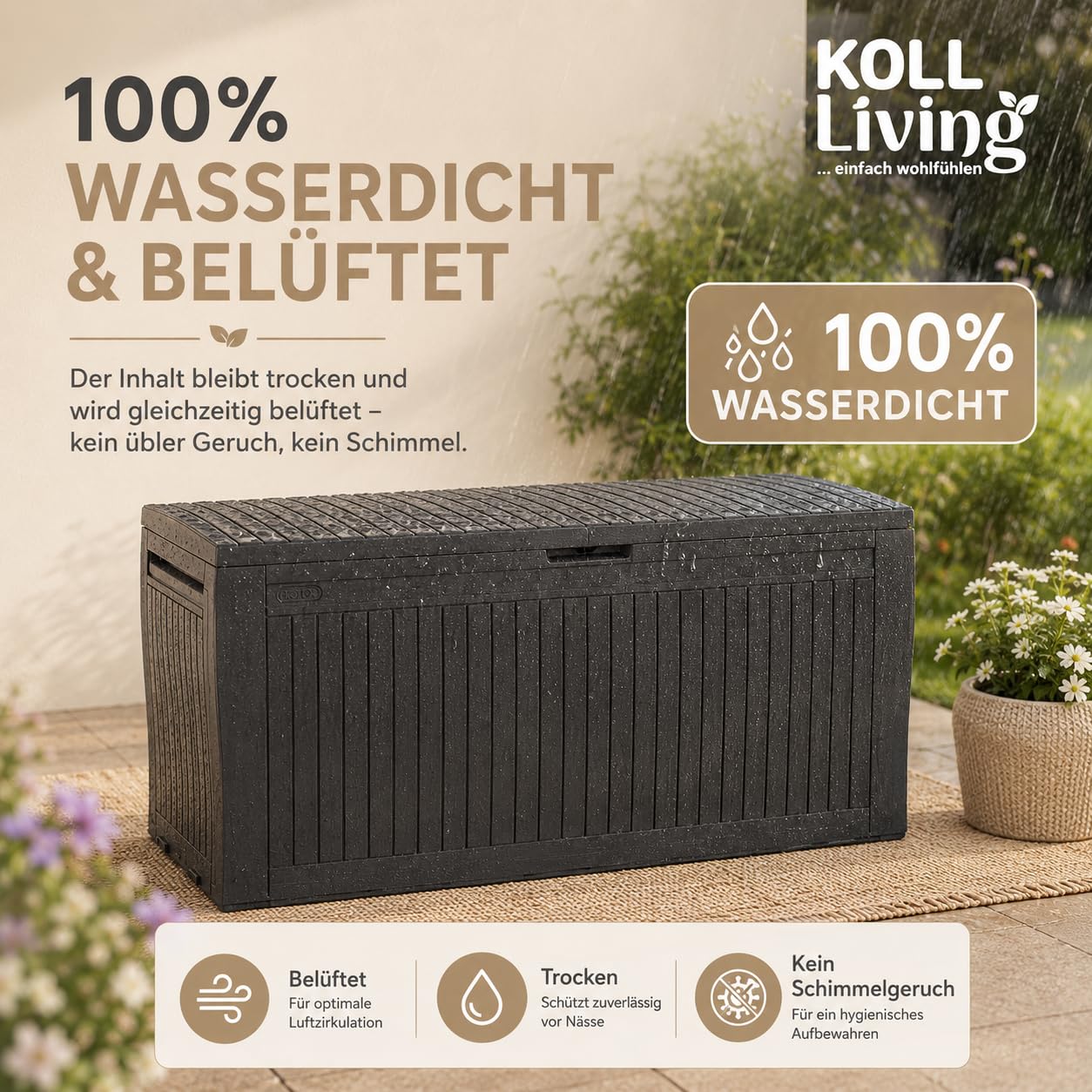 Keter Koll Living - Caja para Cojines (270 L, 100% Resistente al Agua, con ventilación, por lo Que no Hay Mal Olor/Moho, Aspecto de Madera, Tapa Que soporta hasta 250 kg)