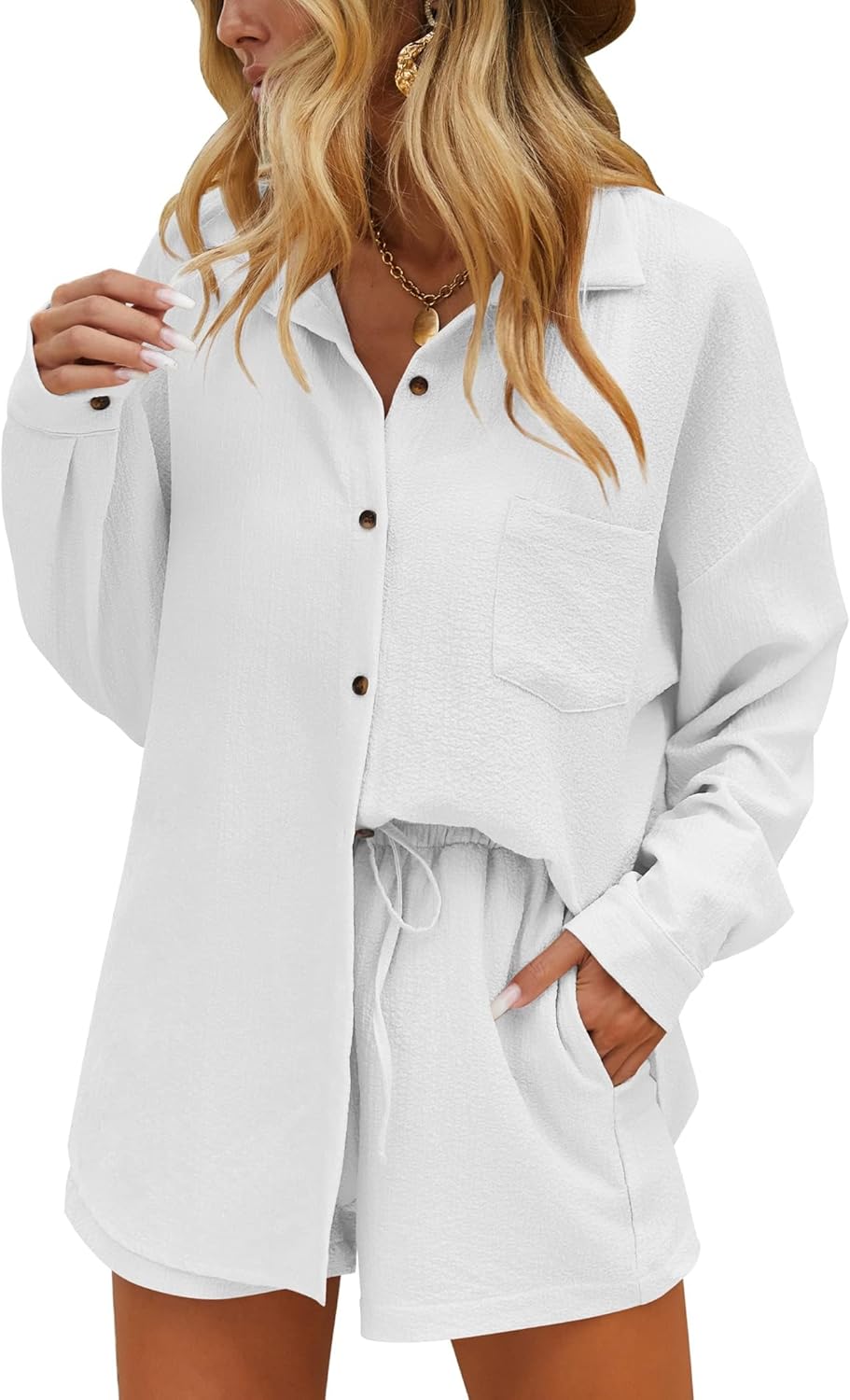 Ekouaer Women 2 Piece Sets Lounge Sets Summer Outfits Button Down Shirts and Casual Shorts with Pockets
