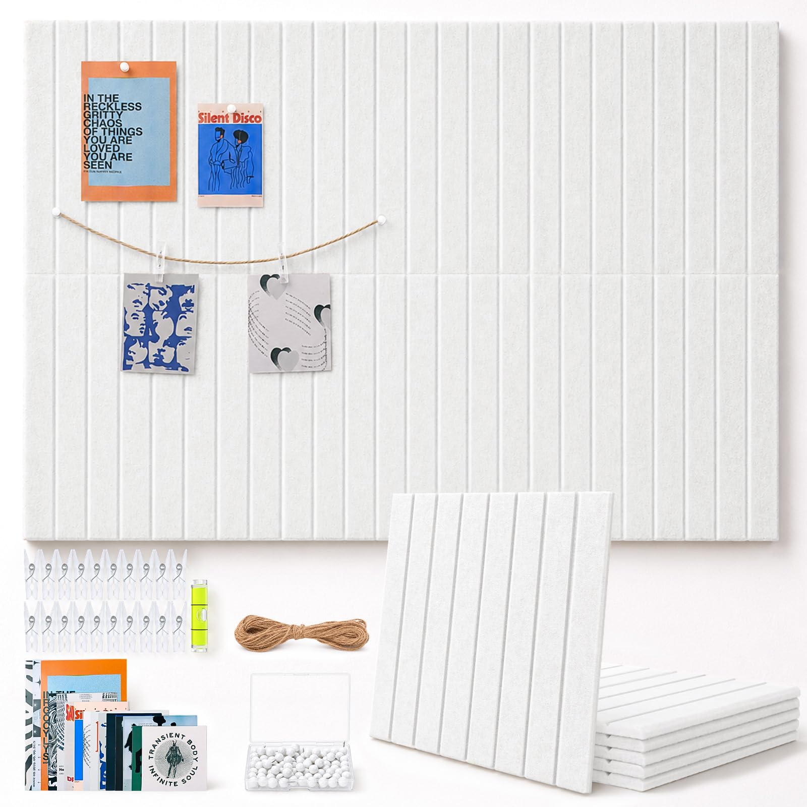 TruuNotion 6 Pack Felt Pin Board Self Adhesive, 36 x 24 inch Notice Board Tiles 0.9cm Thick Vision Board with 48 Nano Pads, 100 Push Pins, Cork Board Alternative for Office, Kitchen, Home (White)