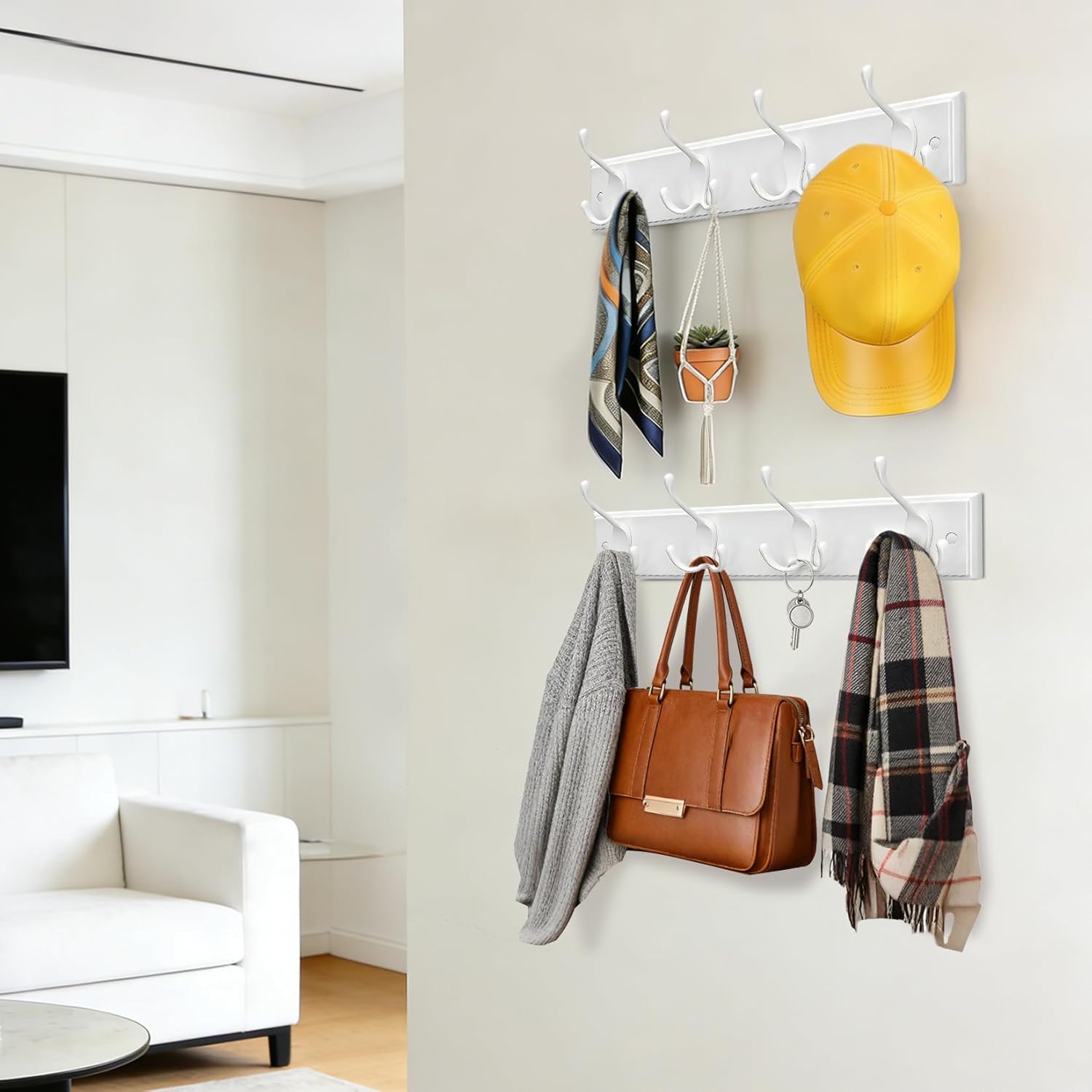 Garvee 2pcs Wall Mounted Coat Rack with 4 Triple Hooks, White Entryway Wall Hook Rack for Coats, Hats, Bags and Keys, Heavy Duty Metal Hook Organizer for Bedroom, Bathroom and Hallway