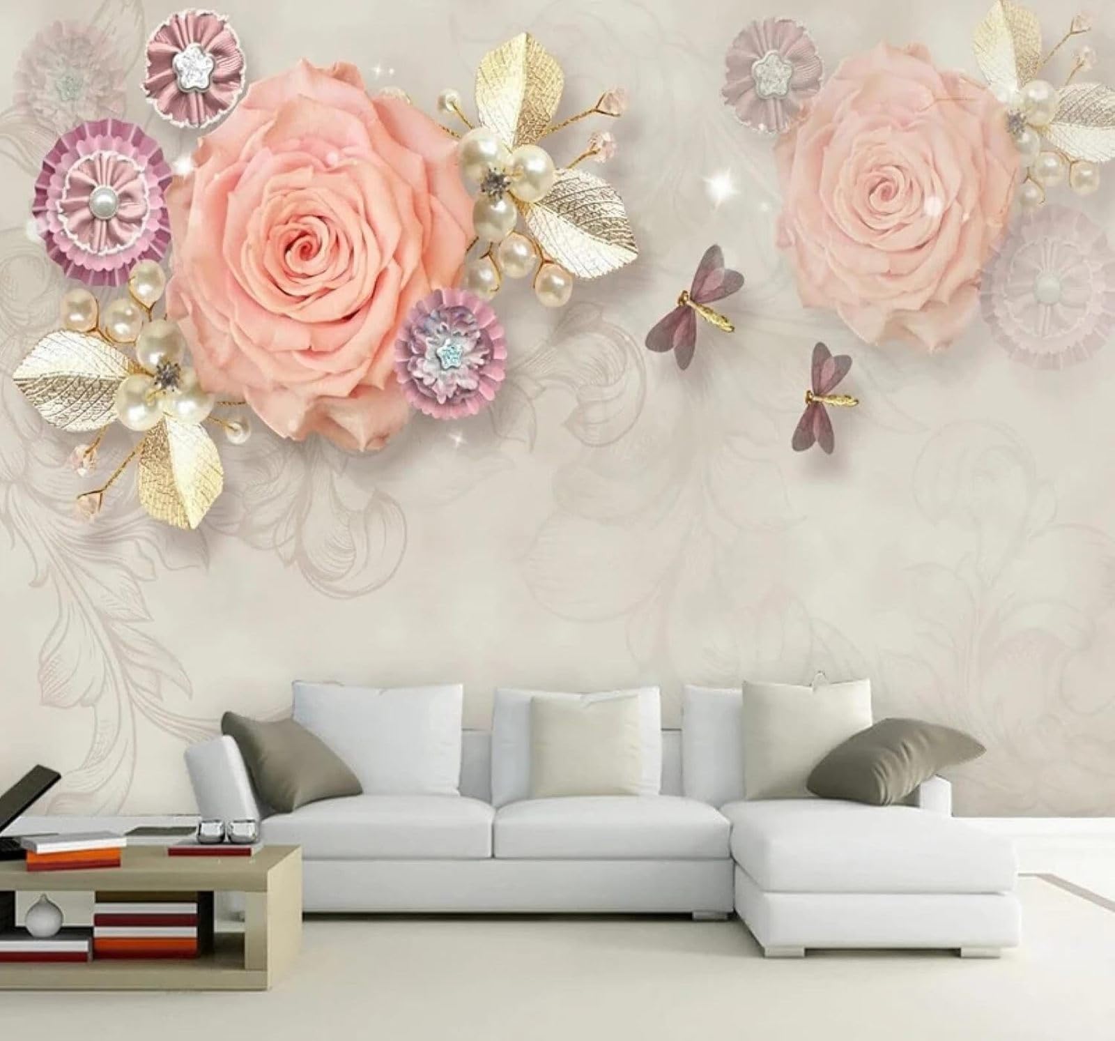 XLMING Exquisite Pink Roses Golden Leaves and Pearls 3D Wallpaper Silky Texture Home Study Office Grey Dining Room Sofa Bedroom Living Room TV Backdrop-250cm×170cm