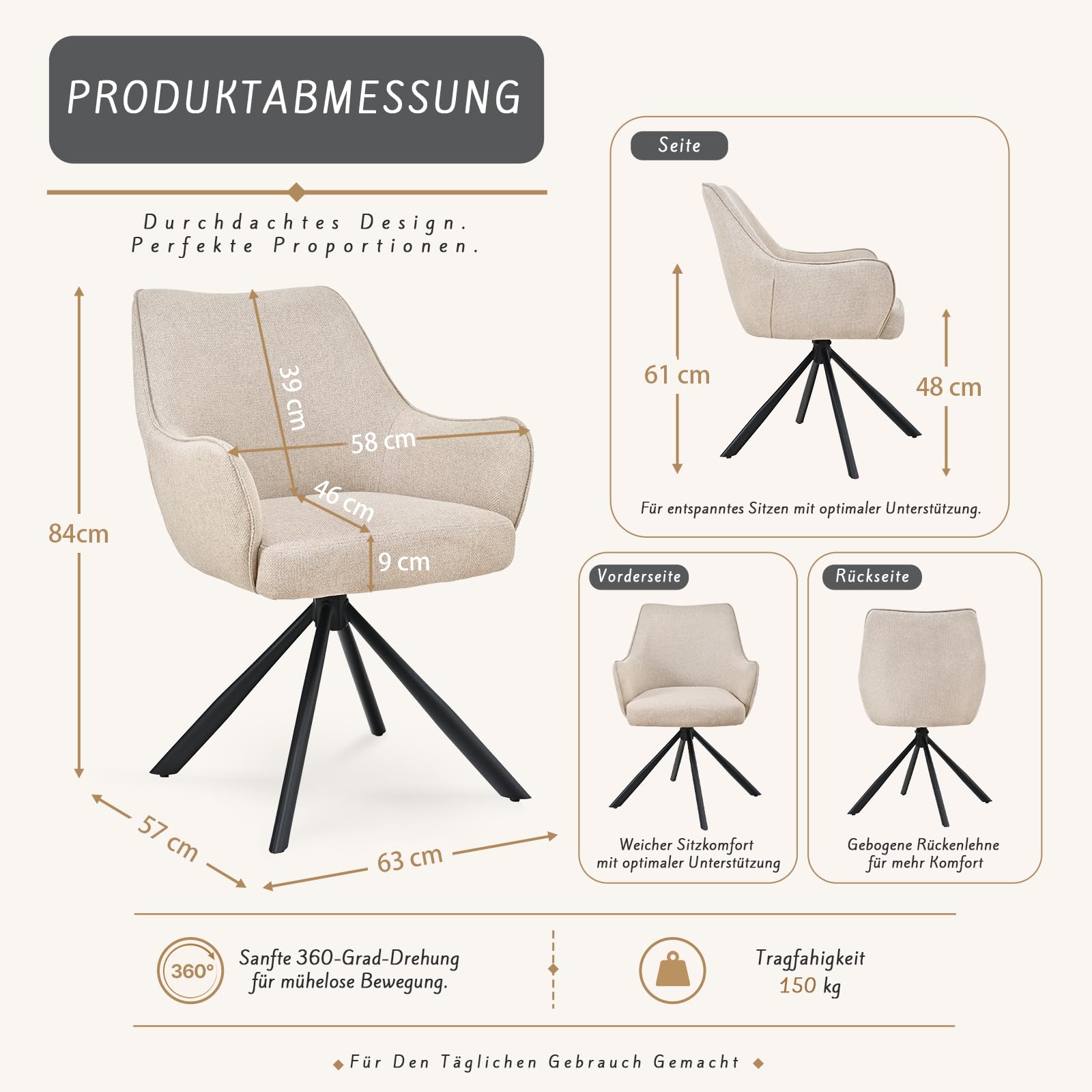 Esszimmerstühle Drehbar 2er Set mit Armlehne, gepolsterte Esszimmerstuhl mit hoher Rückenlehne für Esszimmer & Wohnzimmer, Büro, Beige
