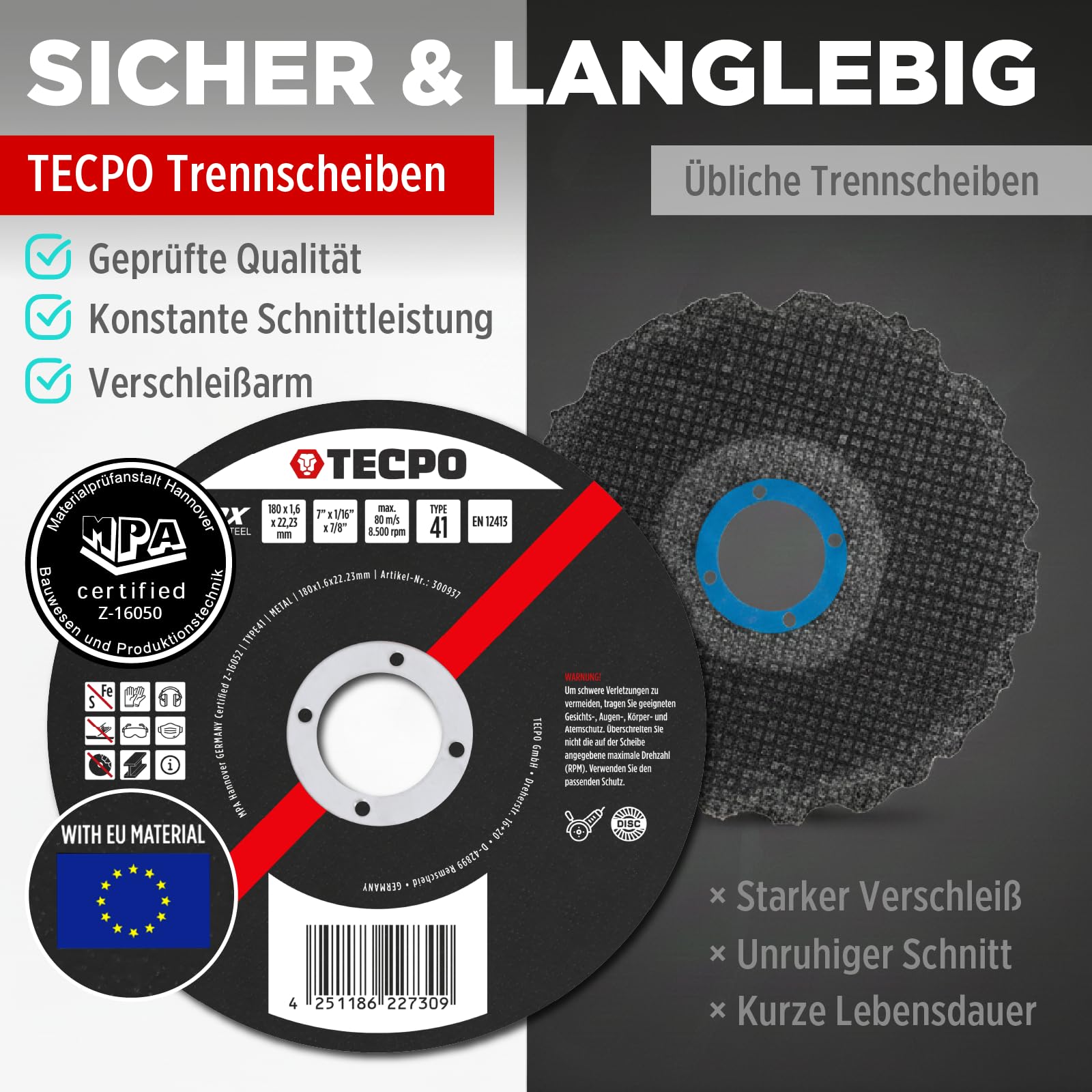TECPO Lot de 50 disques à tronçonner - Diamètre : 180 mm - Pour meuleuse d'angle - Disques flexibles pour acier, métal et acier inoxydable (INOX) - 1,6 mm - 22,23 mm