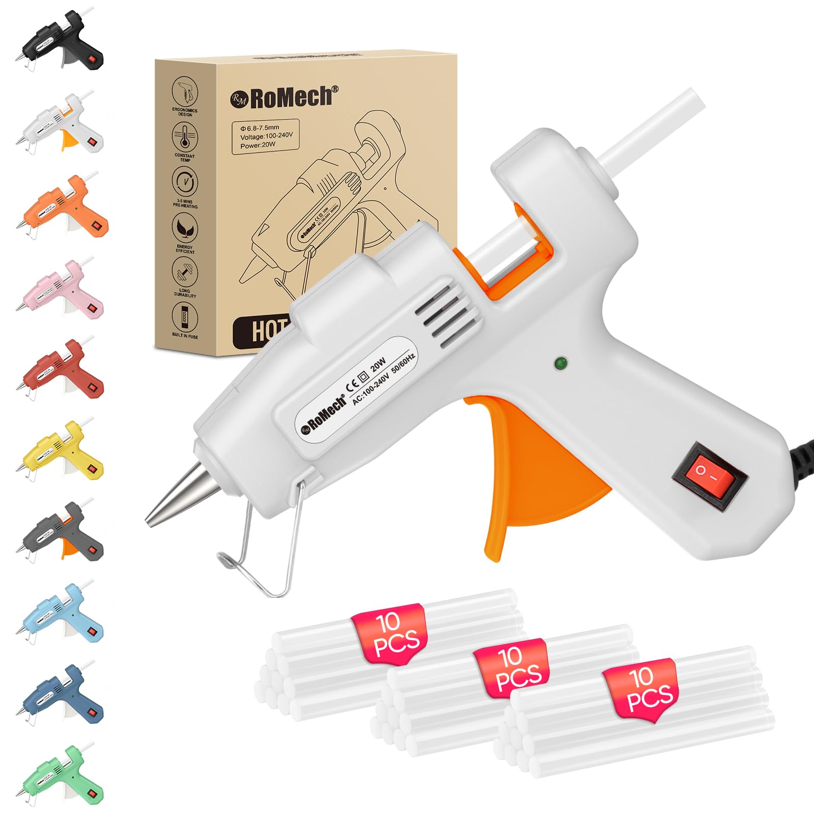 ROMECH 20W Mini Hot Glue Gun Kit, 30 Glue Sticks Set for DIY Crafts, Repair