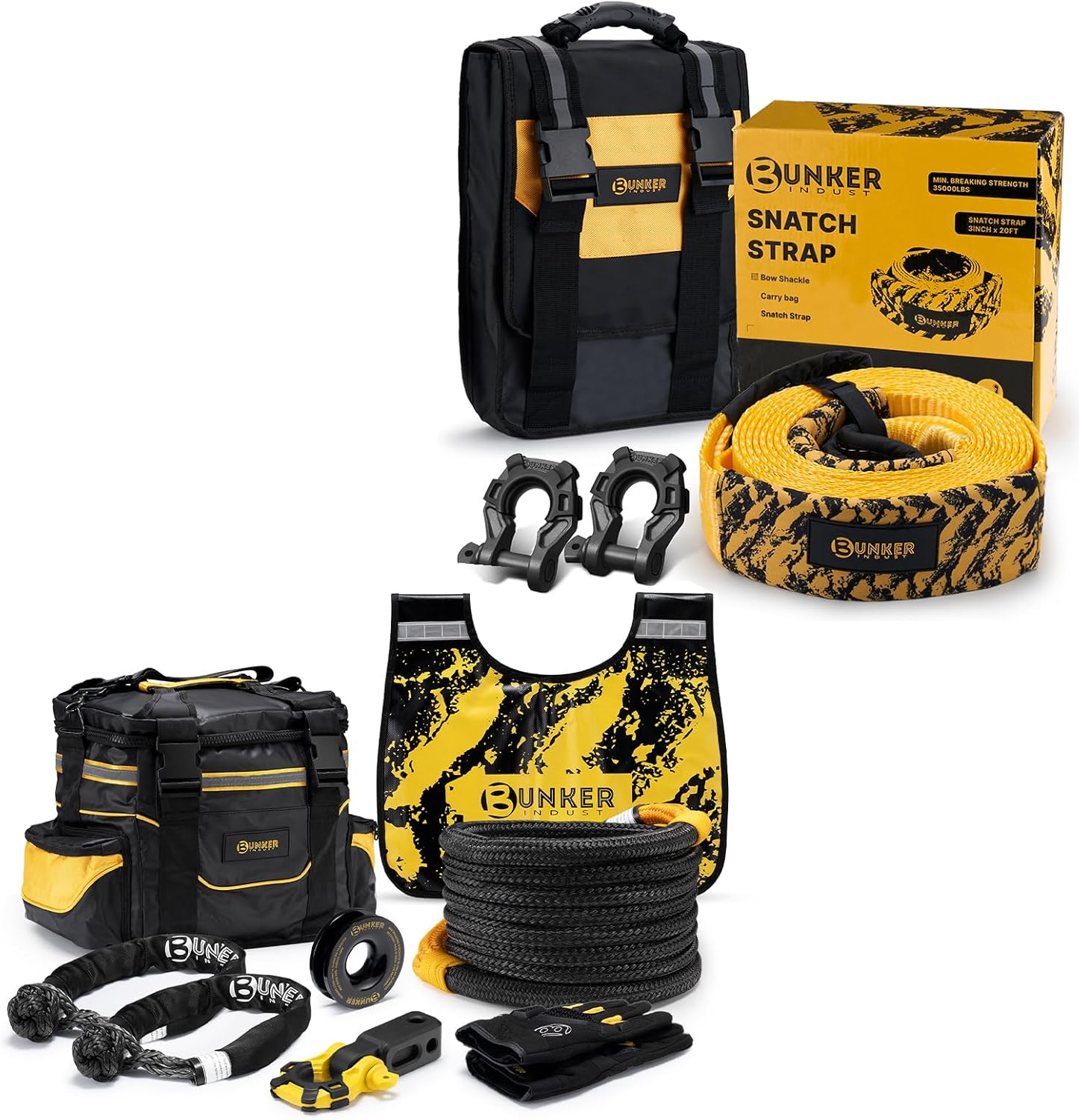 BUNKER INDUST Recovery Kit, 1"×30ft Kinetic Recovery Rope + 2 Soft Shackles + Recovery Ring+ Shackle Hitch Receiver + Winch Dampener+ Gloves+ 3" x 20ft Recovery Straps + Pair 3/4 D Ring Shackles