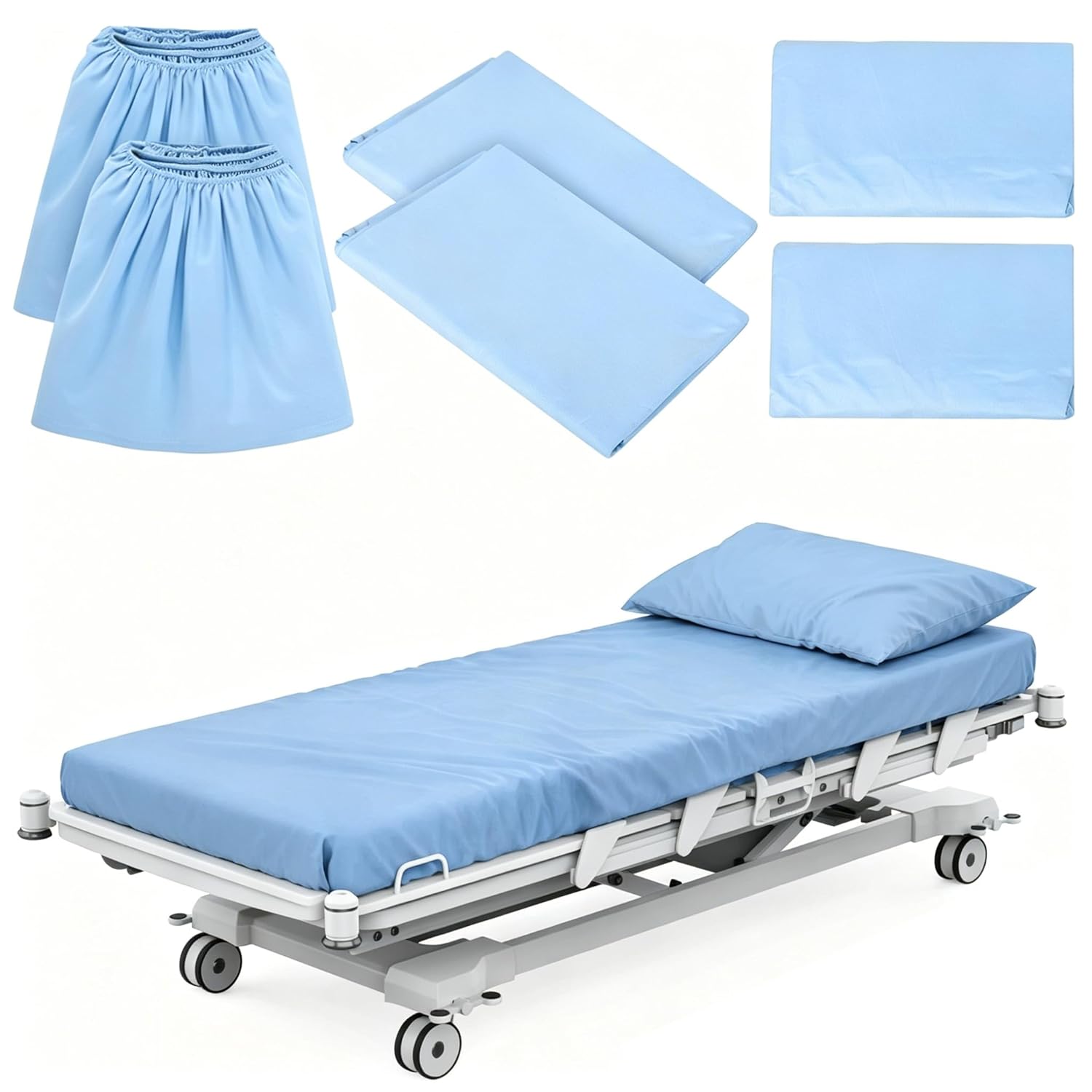 6-Piece Hospital Bed Sheets Set, Includes 2 Fitted Sheet 84x36x14, 2 Flat Sheets 104x59, 2 Pillowcases 19x29, Soft Breathable Fiber Cotton for Home and Hospital Use, Sky Blue