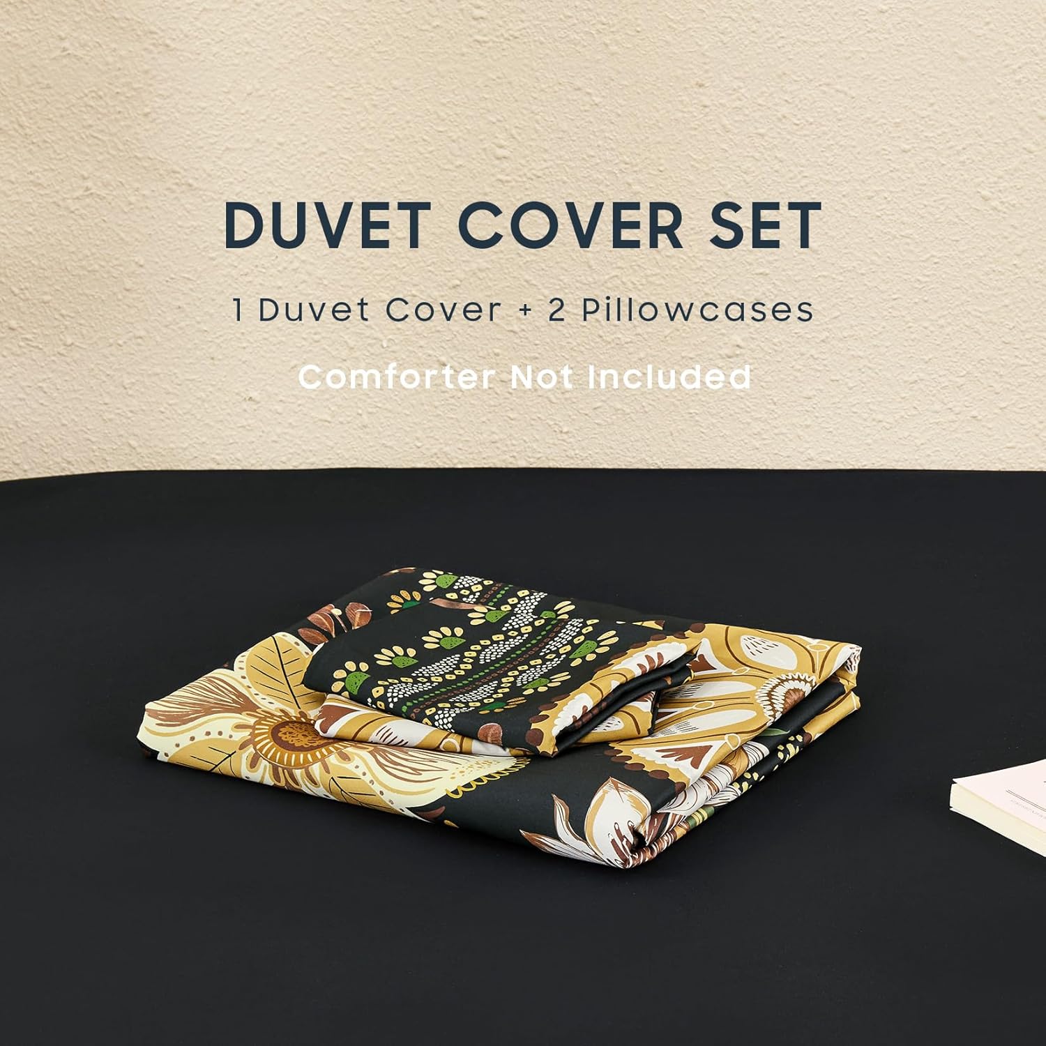 Wake In Cloud - Boho Duvet Cover Set, Floral Farmhouse Botanical Western Style with Colorful Flowers and Tropical Leaves, Soft Lightweight Bedding, 3-Piece, Amber Black, Queen Size